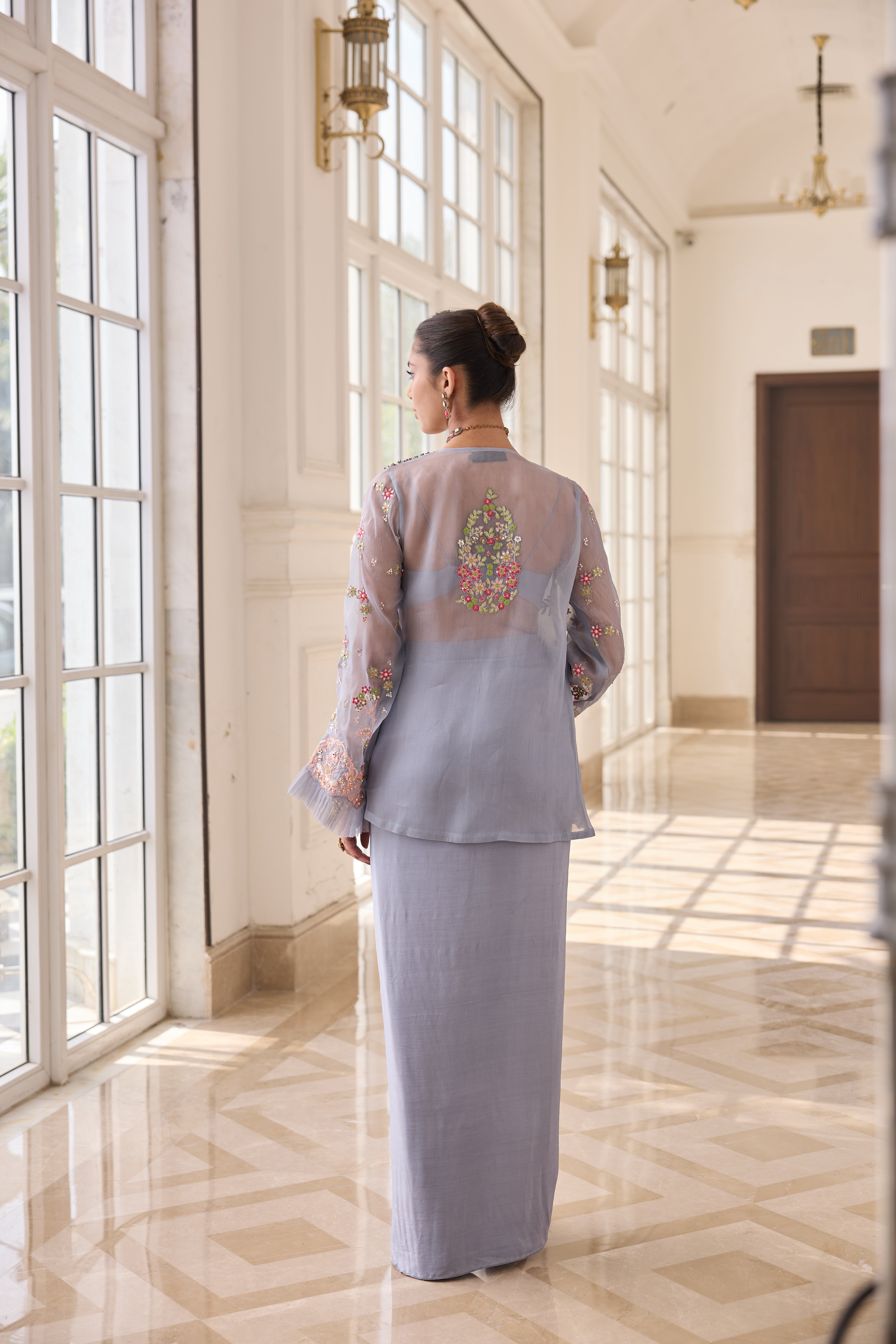 Hand Embroidered Jacket with Doti and Bustier - Powder blue