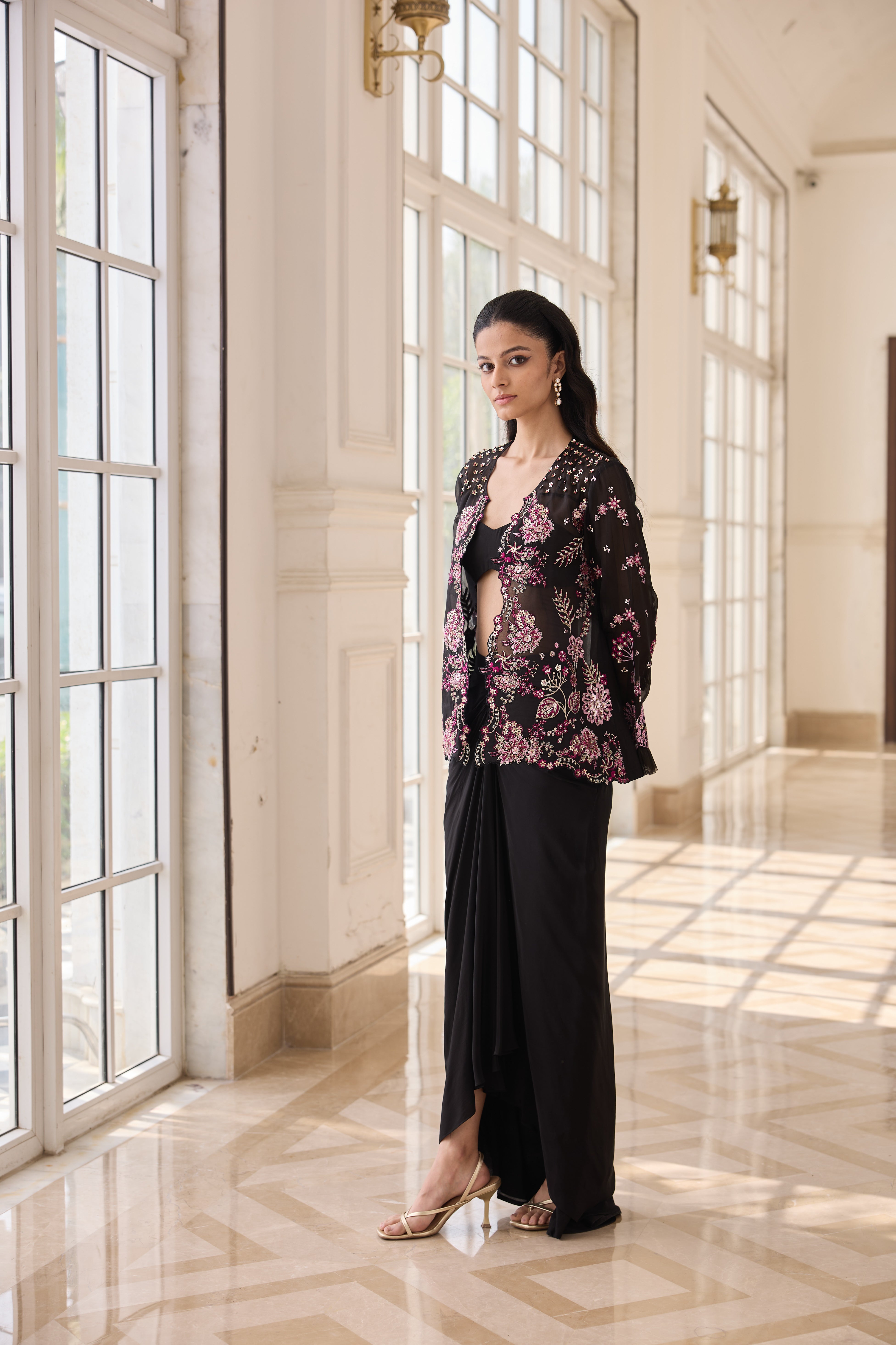 Hand Embroidered Jacket with Doti and Bustier - Black