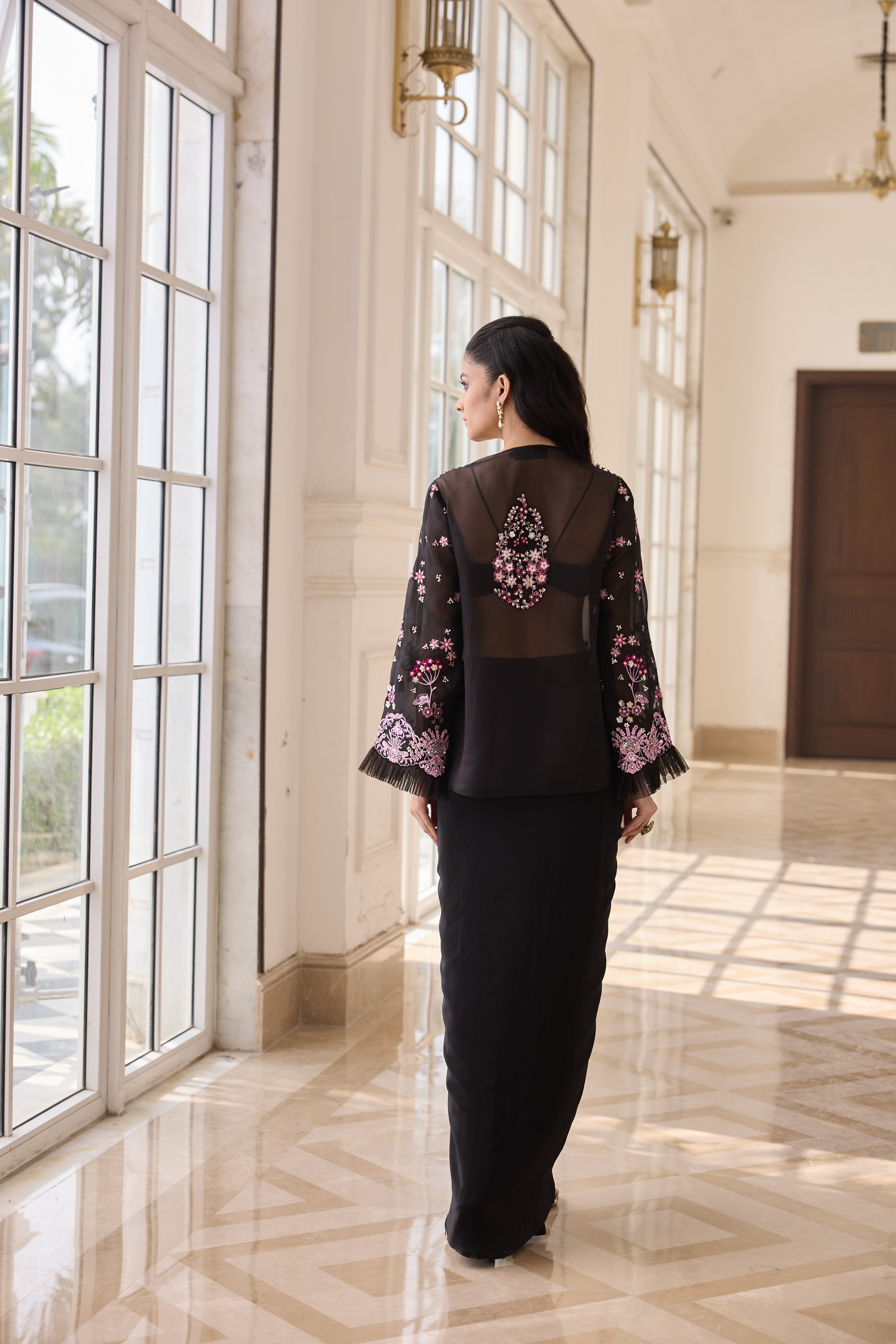 Hand Embroidered Jacket with Doti and Bustier - Black