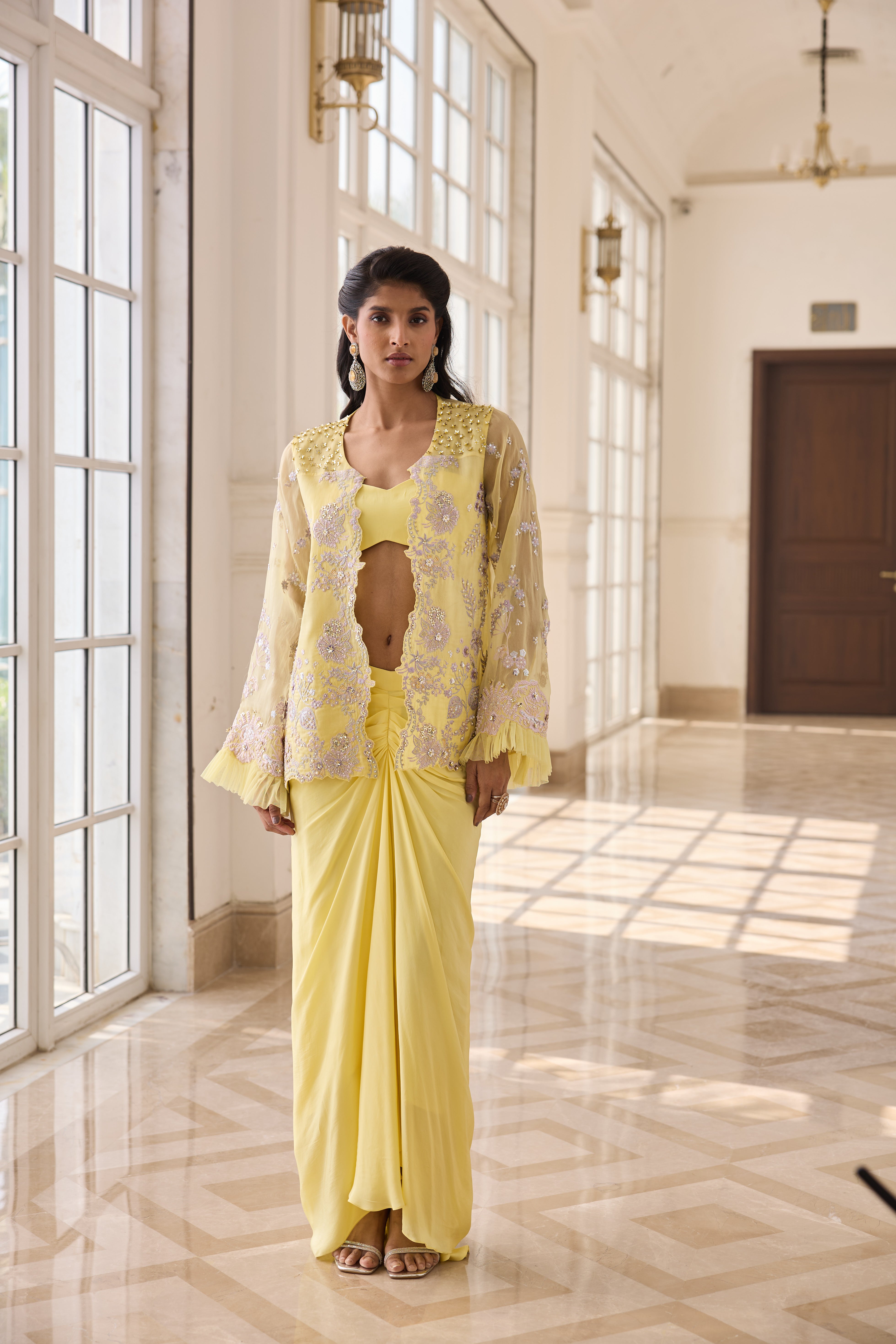 Hand Embroidered Jacket with Doti and Bustier - yellow