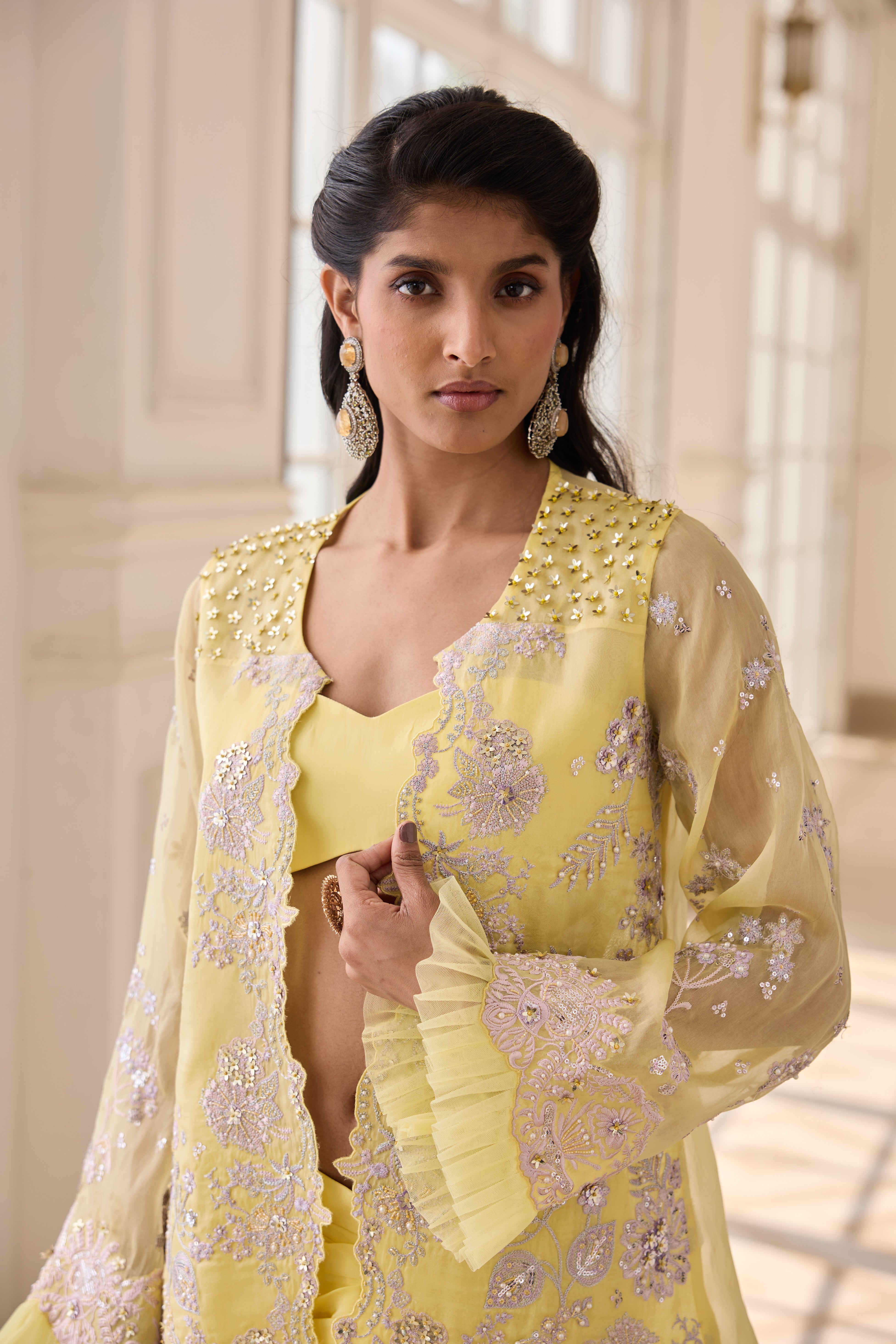 Hand Embroidered Jacket with Doti and Bustier - yellow