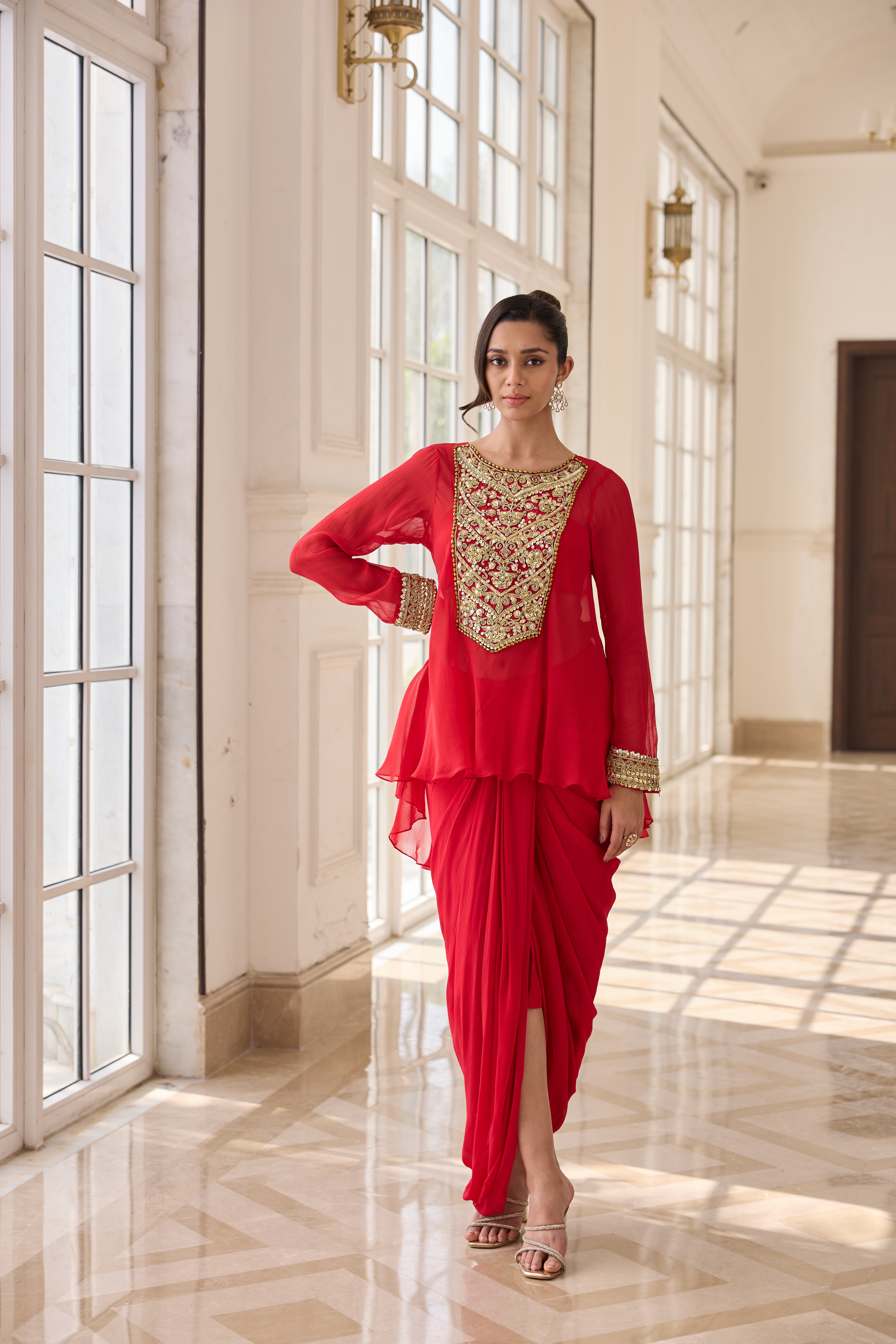 Hand Embelished and Dori-work Short Kurta with Dhoti Skirt