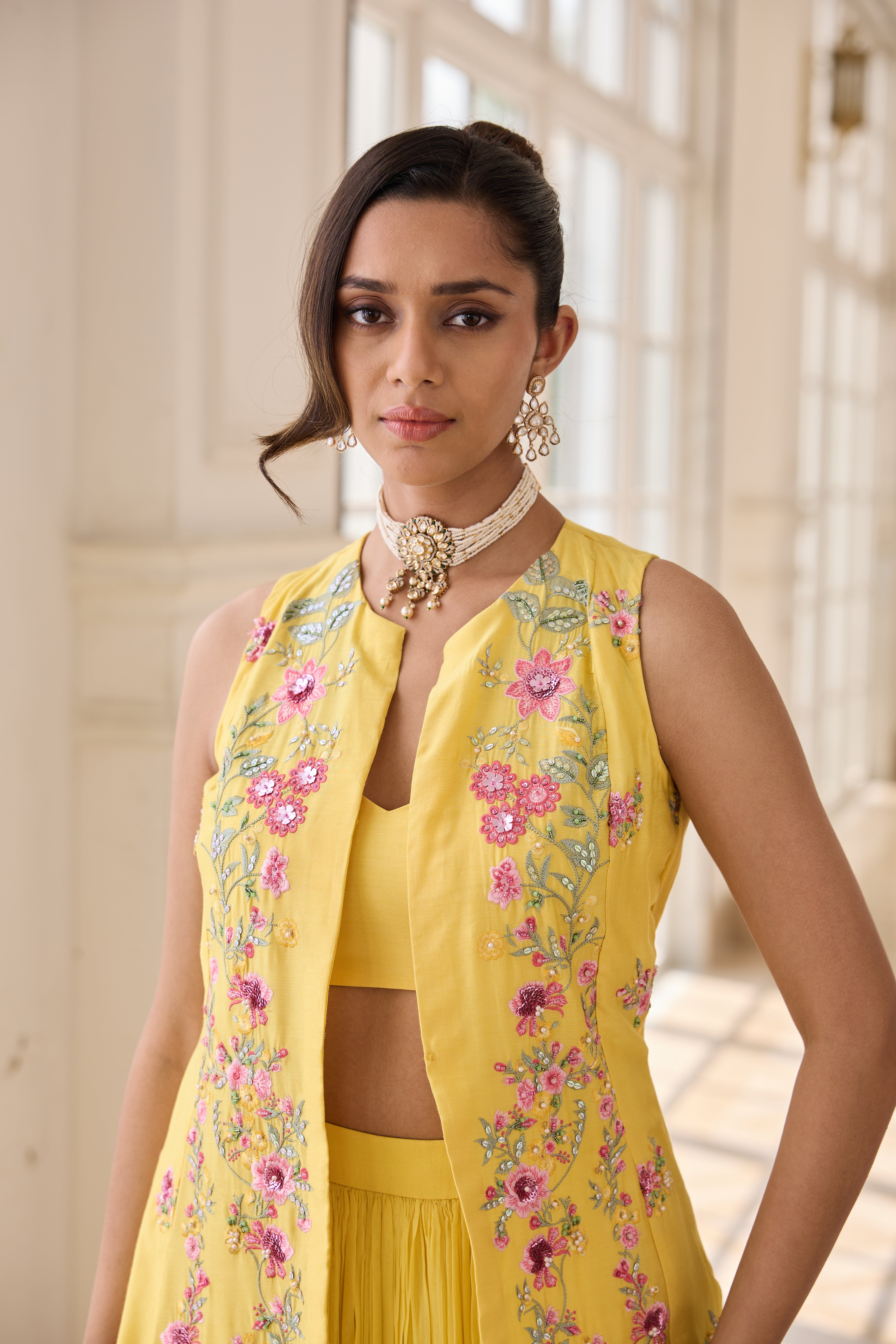 Hand Embelished Long jacket with Rushing Skirt and Bustier - Yellow