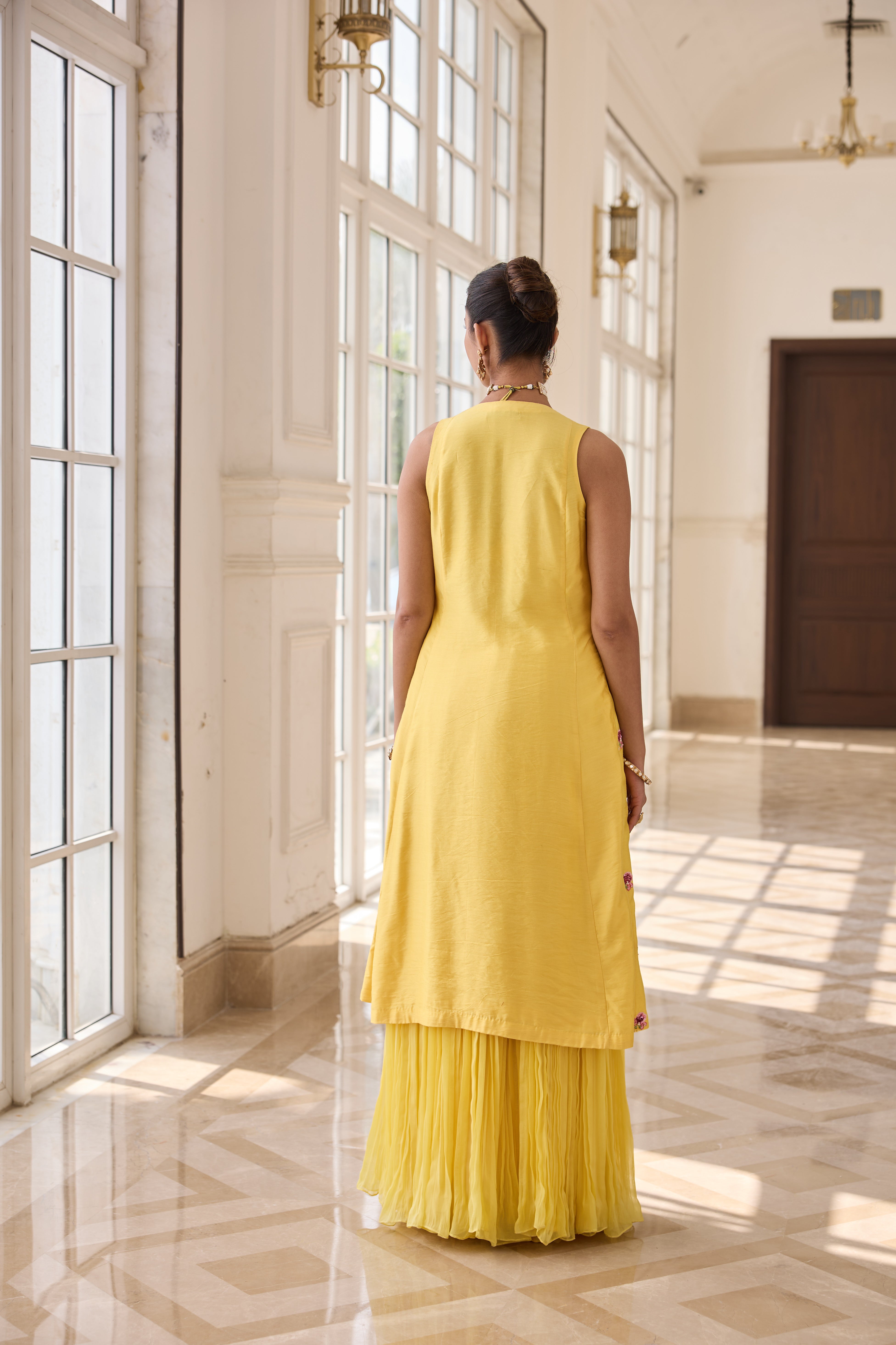Hand Embroidered Long jacket with Rushing Skirt and Bustier - Yellow