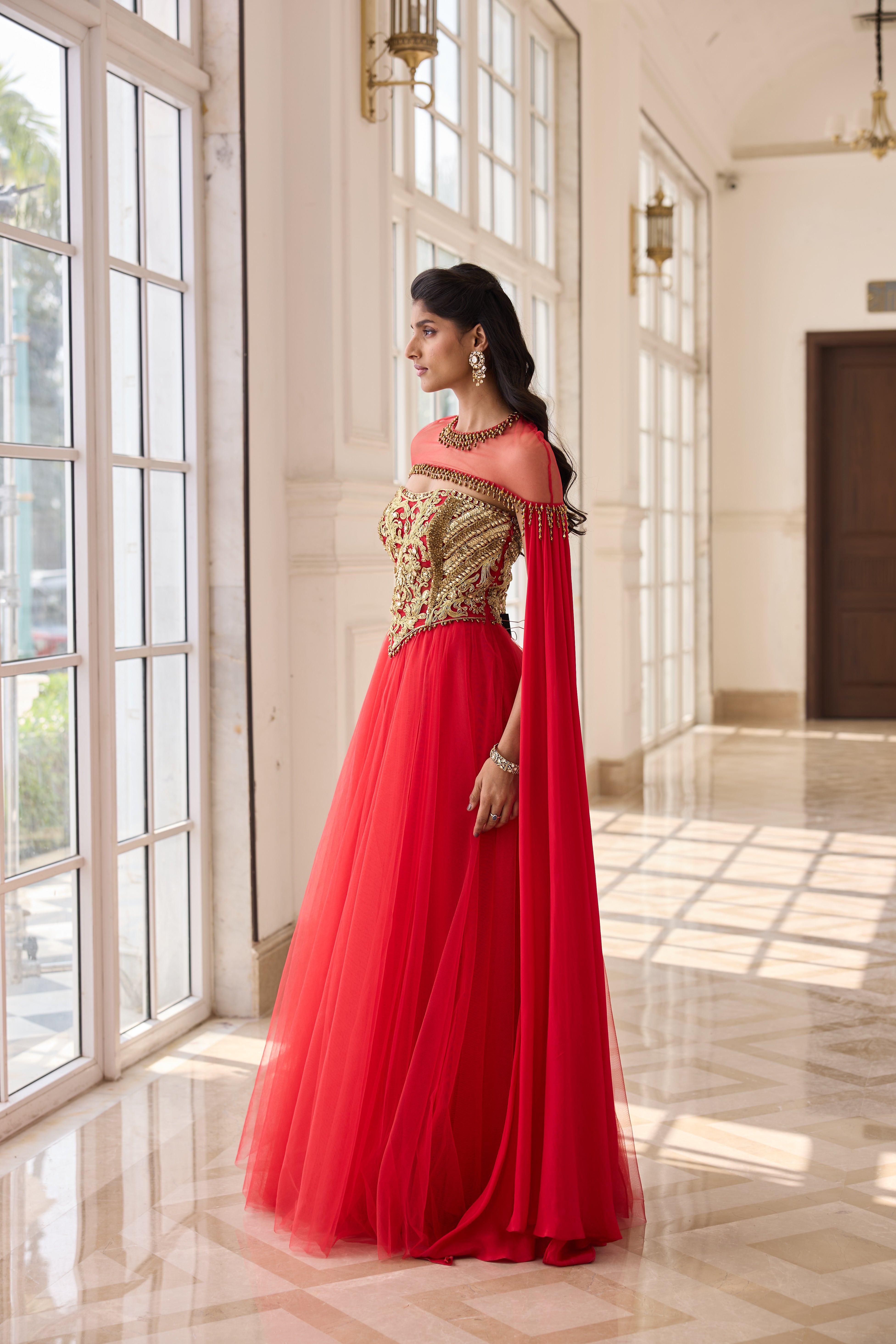 Hand Embroidered and Dori-Work Anarkali with Cape