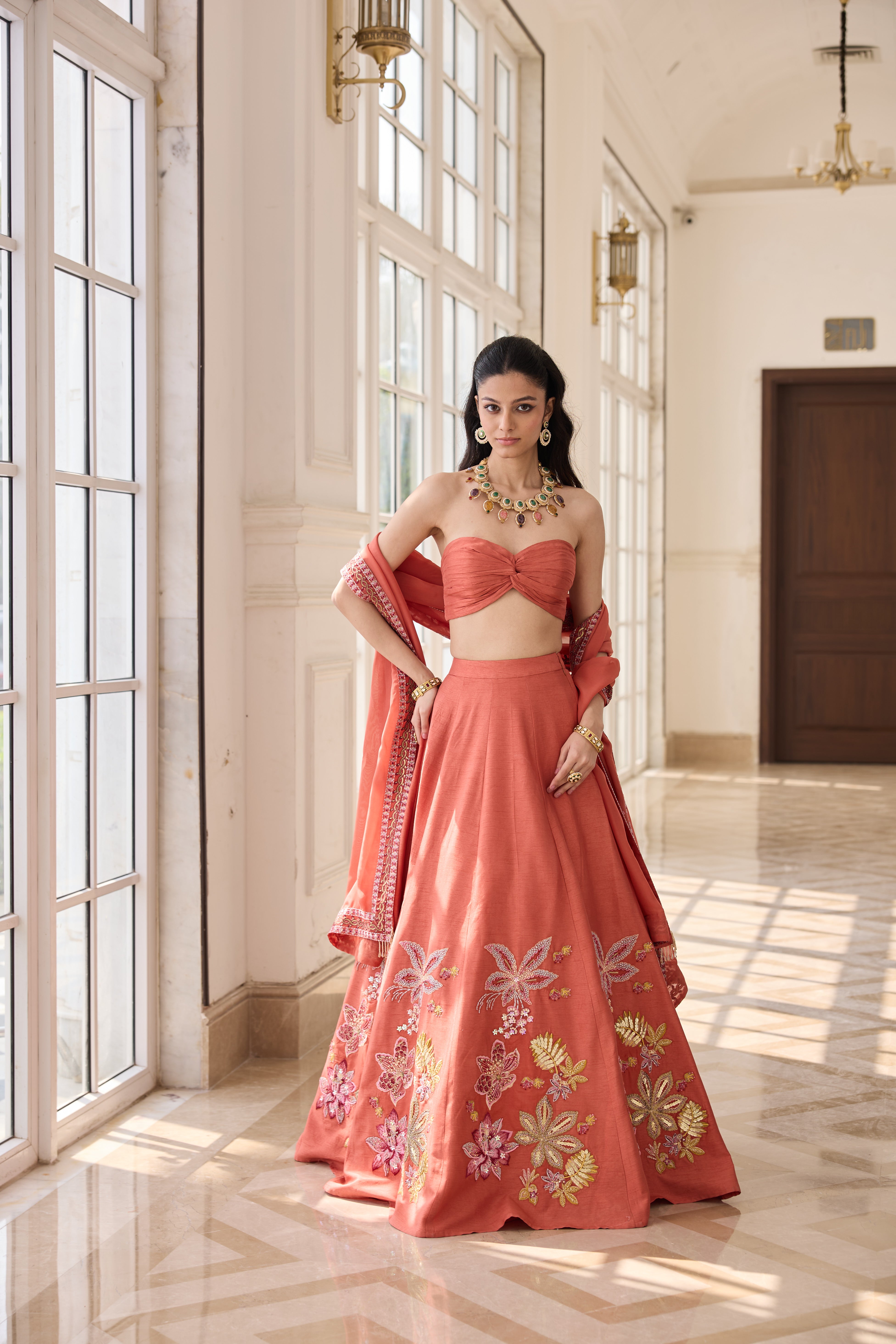Hand Embellished Lehenga with Twisted Bustier and Dupatta - Soft Orange
