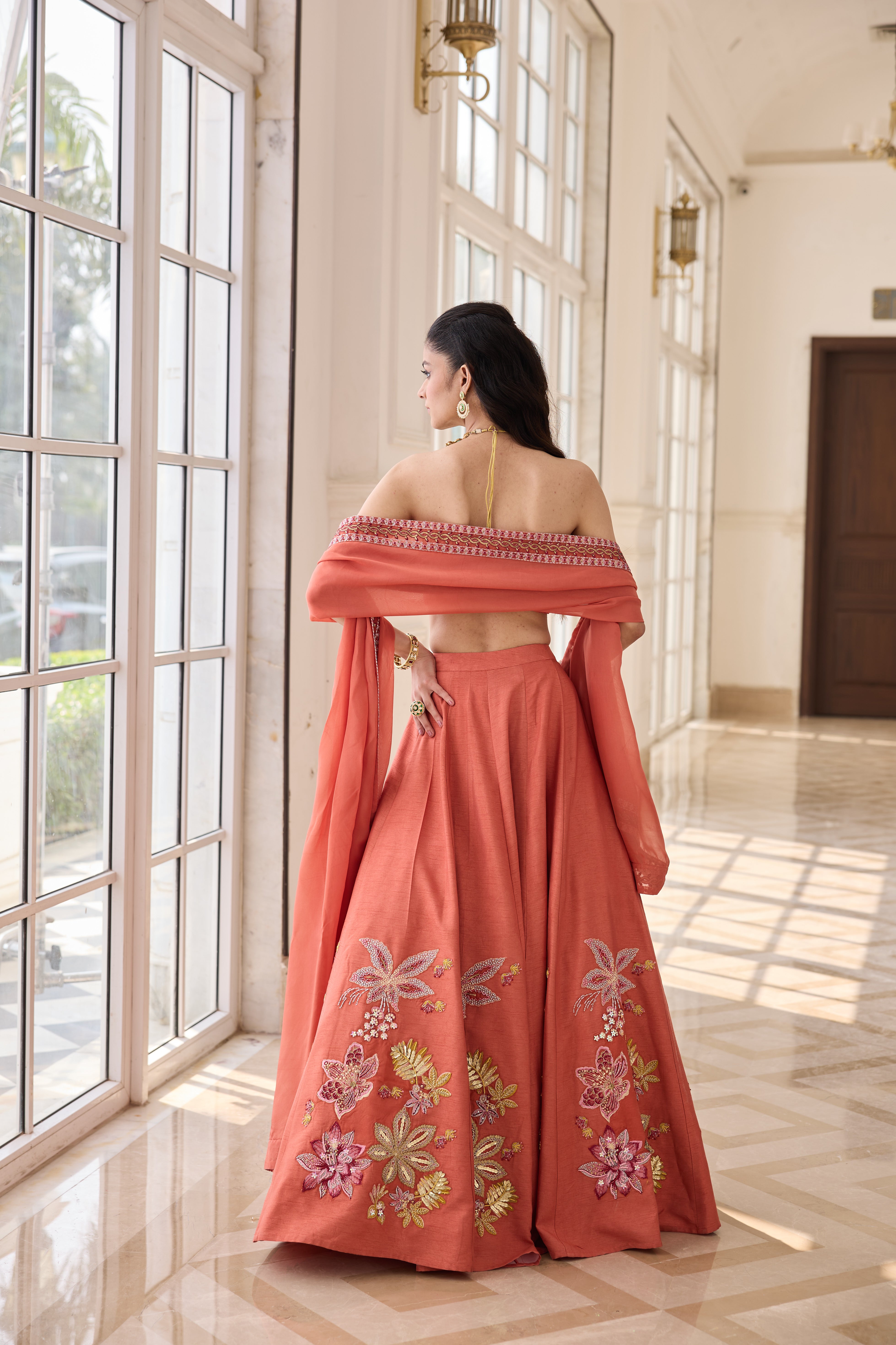 Hand Embellished Lehenga with Twisted Bustier and Dupatta - Soft Orange