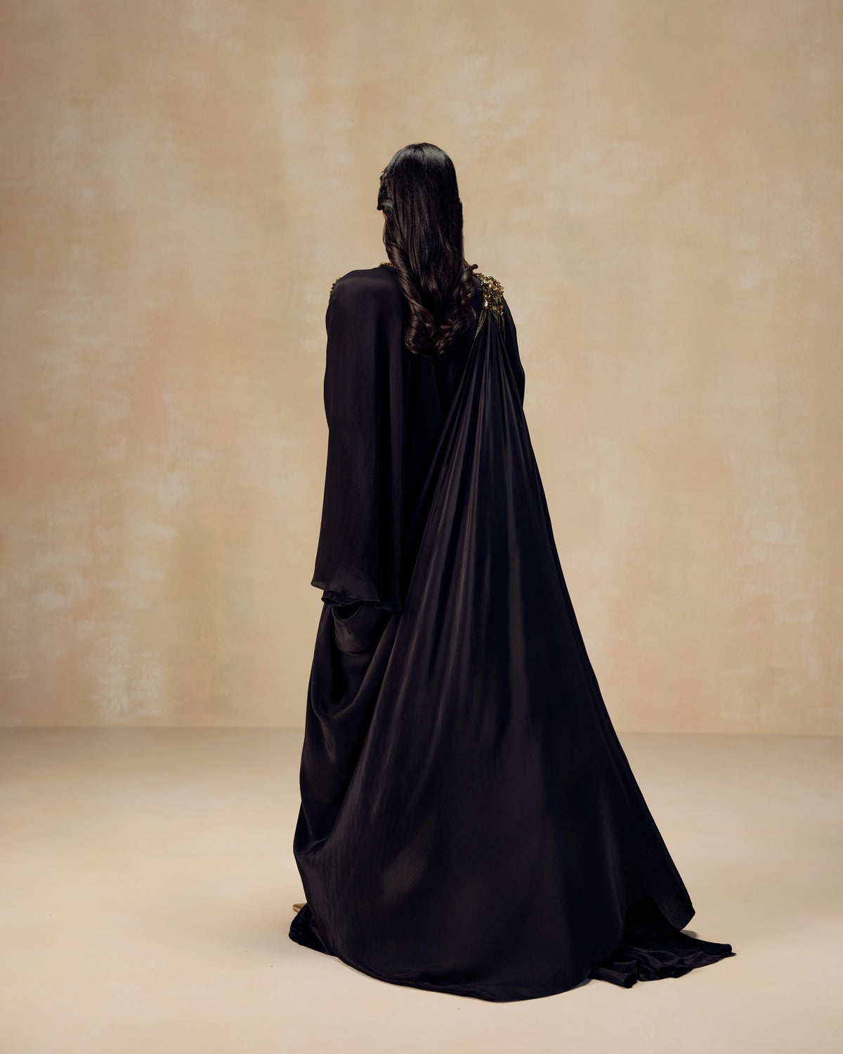 Black Shoulder-Drape Tunic, editorial image — RINESSA