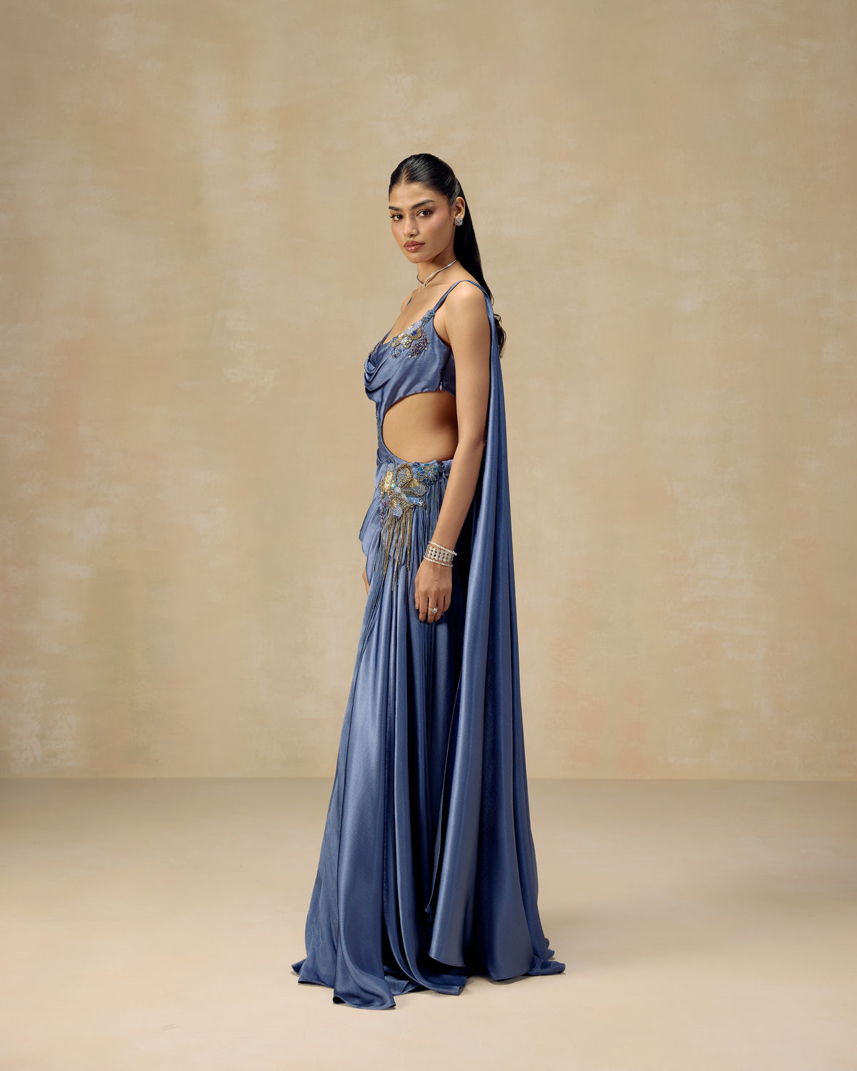 Blue Cut-Out Draped Gown, side view — RINESSA