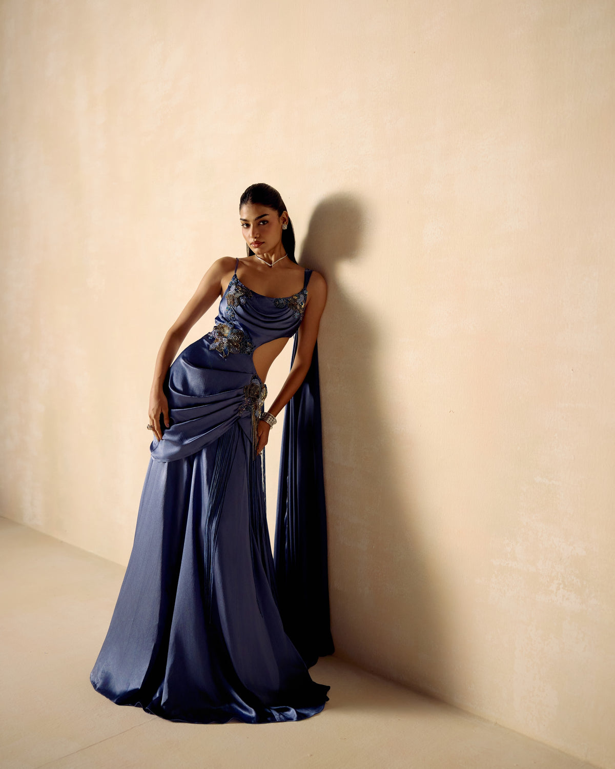 Blue Cut-Out Draped Gown, editorial image — RINESSA