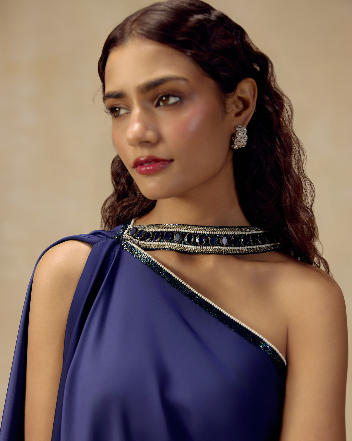 Blue One-Shoulder Draped Tunic, back view — RINESSA