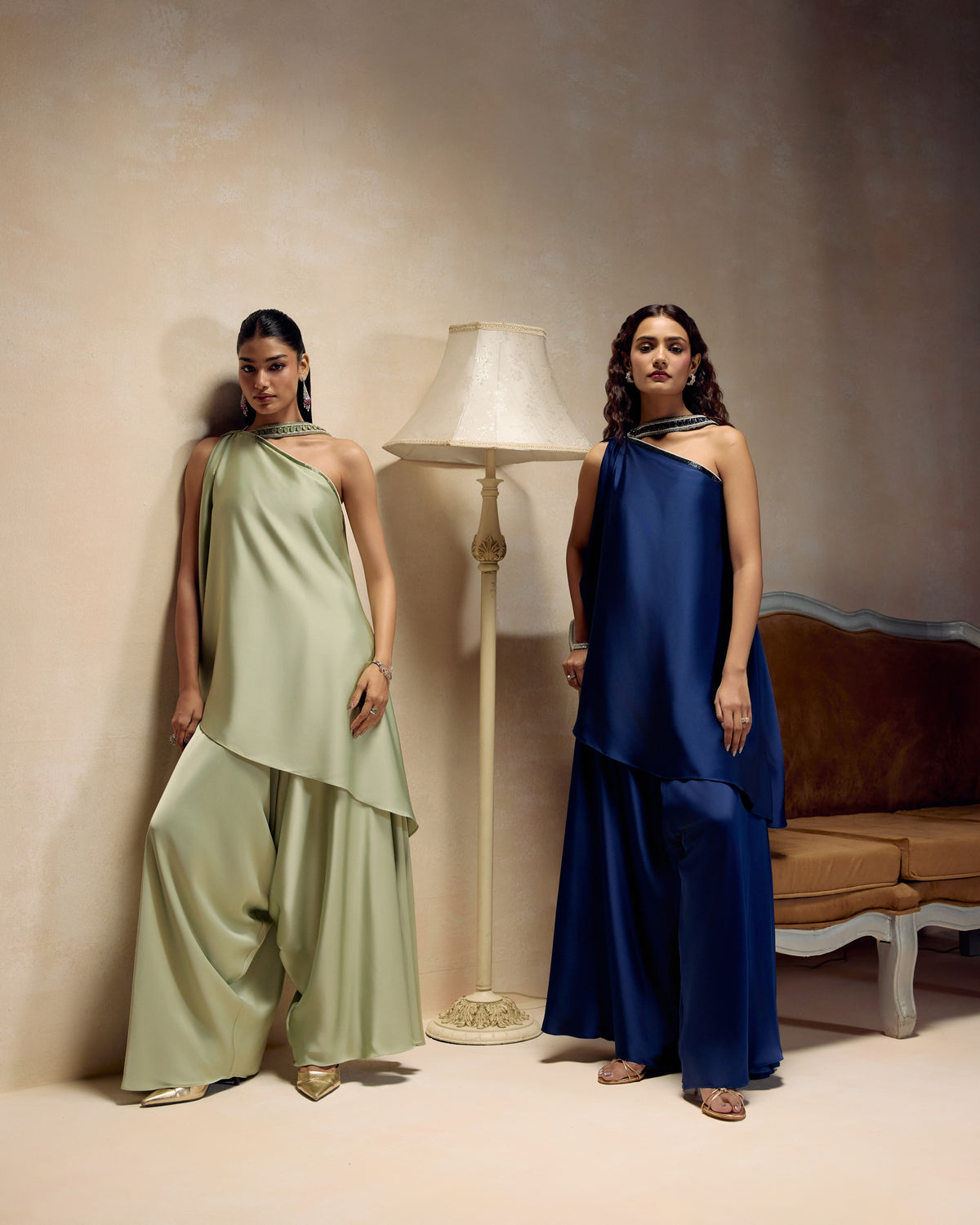 Blue One-Shoulder Draped Tunic, editorial image — RINESSA