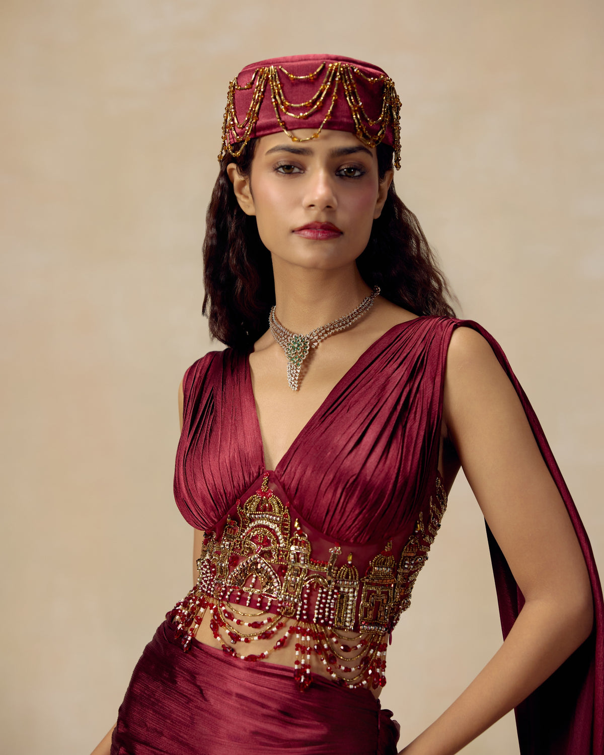 Burgundy Persian Draped Lehenga, back view — RINESSA