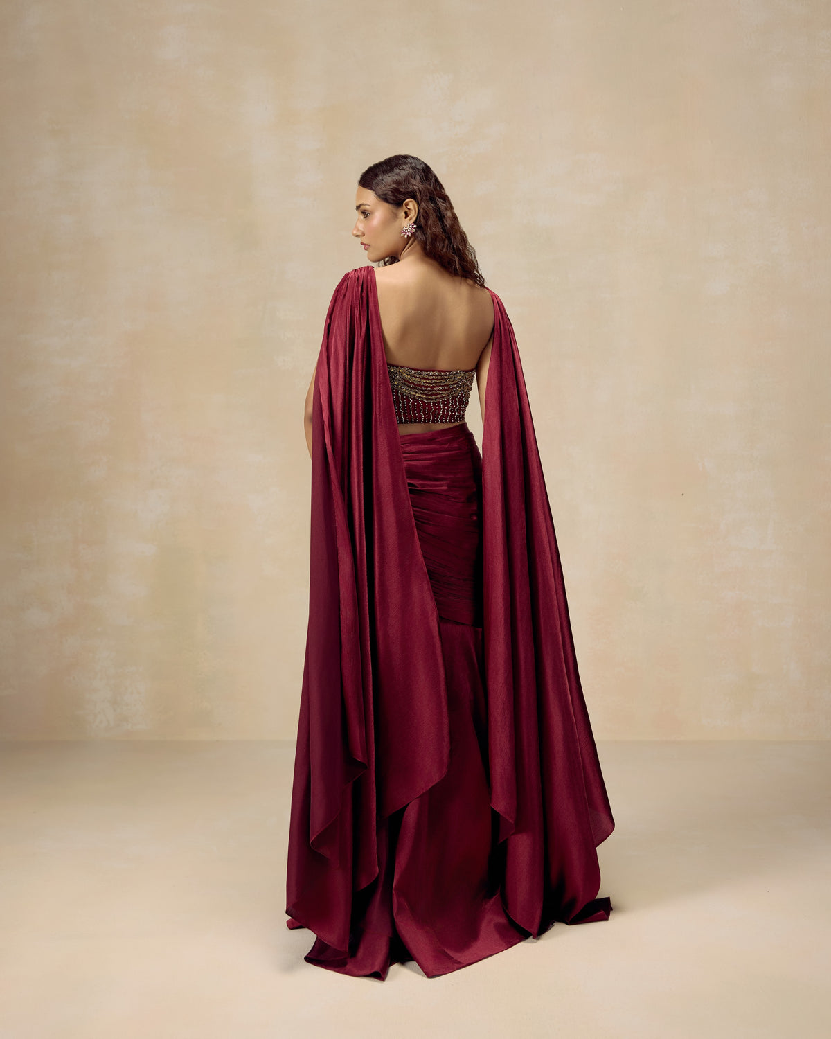 Burgundy Persian Draped Lehenga, side view — RINESSA