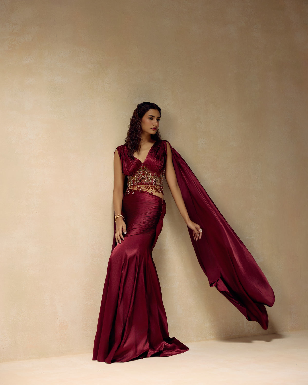 Burgundy Persian Draped Lehenga, hand embroidery detail — RINESSA