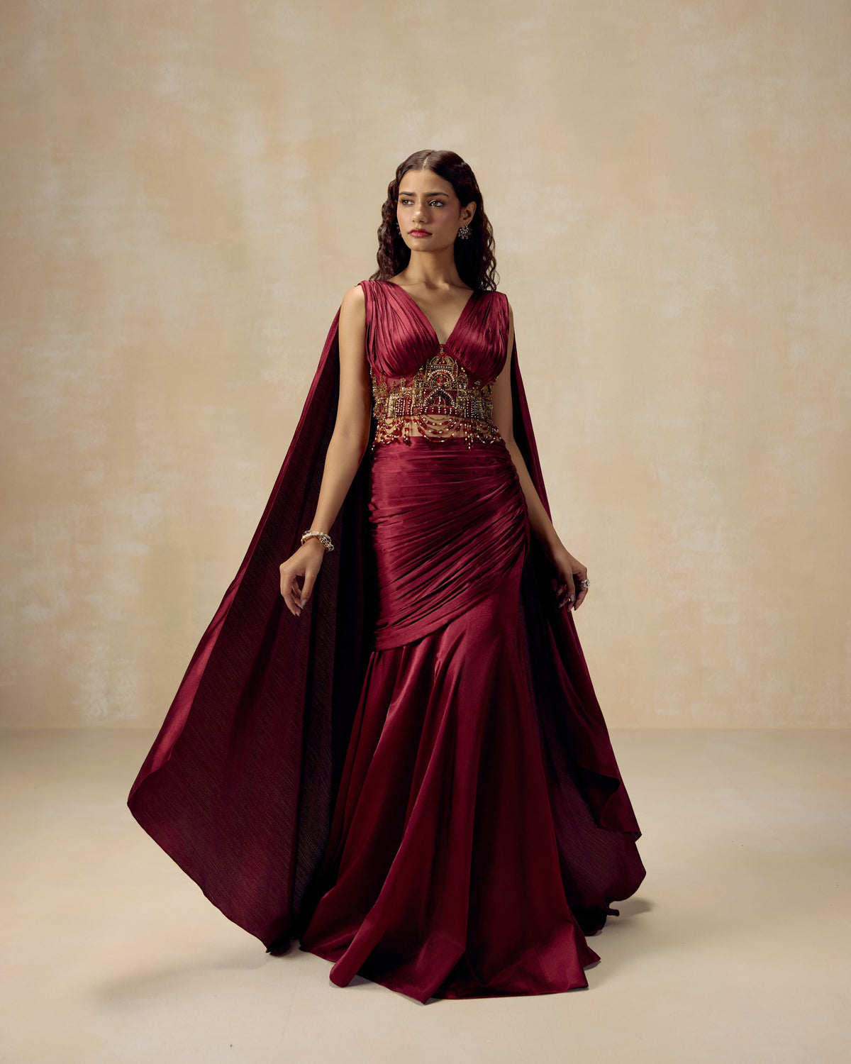 Burgundy Persian Draped Lehenga, editorial image — RINESSA