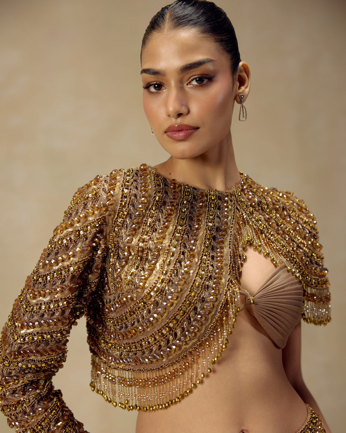 Gold Jewelled Jacket Lehenga, back view — RINESSA