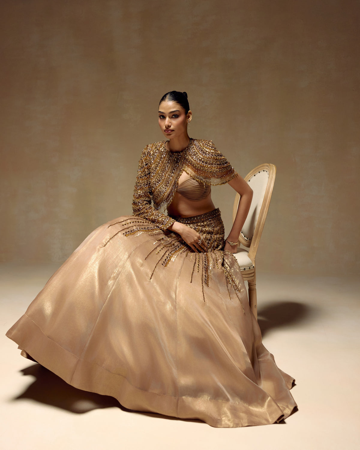 Gold Jewelled Jacket Lehenga, hand embroidery detail — RINESSA