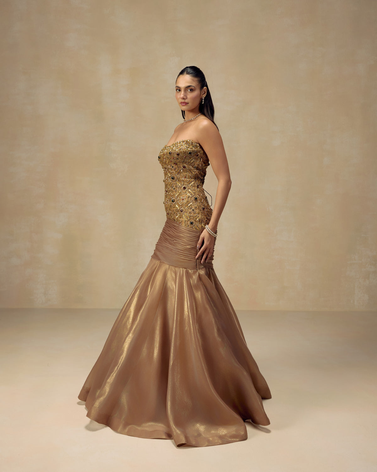 Gold Jewelled Mermaid Gown, hand embroidery detail — RINESSA