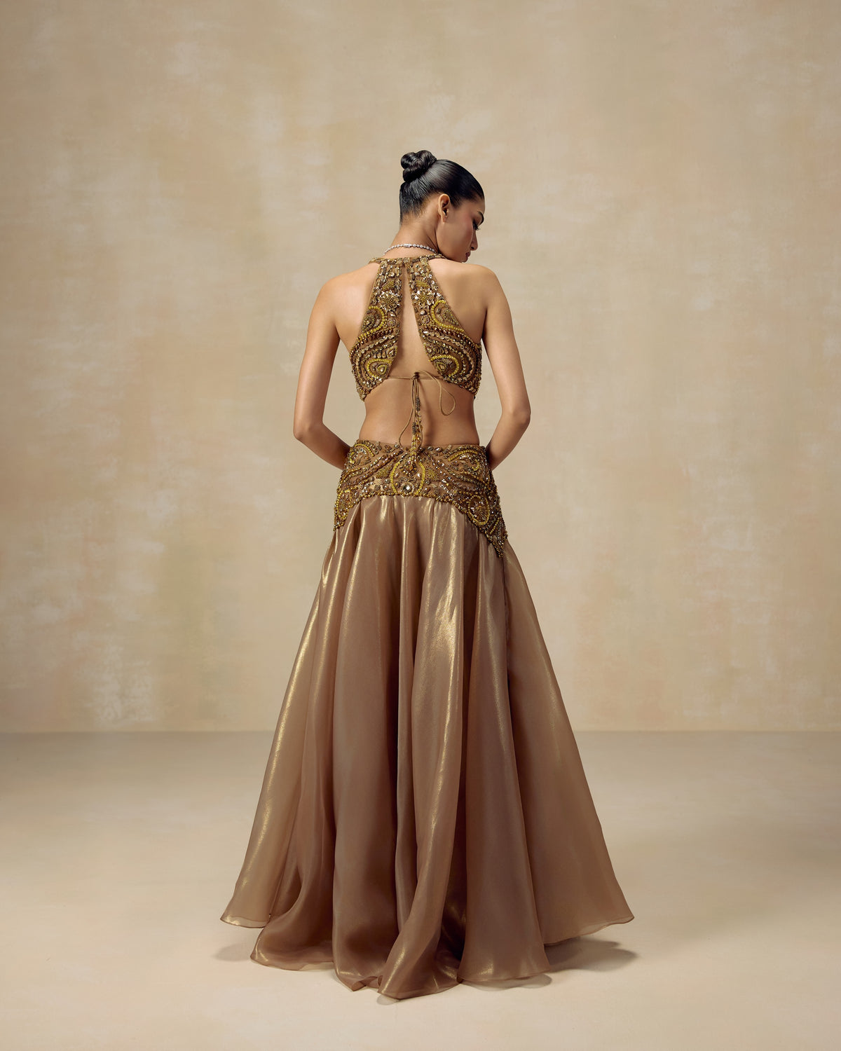 Gold Jewelled Open-Back Gown, side view — RINESSA