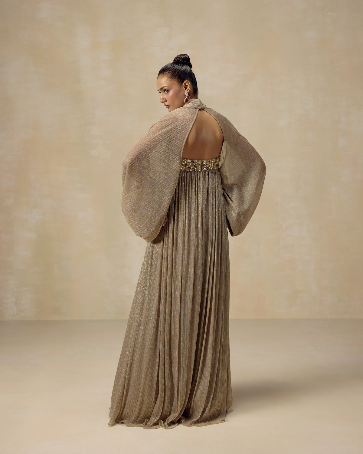Gold Shimmer Cape Jumpsuit, hand embroidery detail — RINESSA