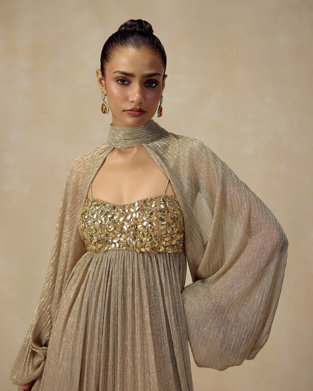 Gold Shimmer Cape Jumpsuit, editorial image — RINESSA