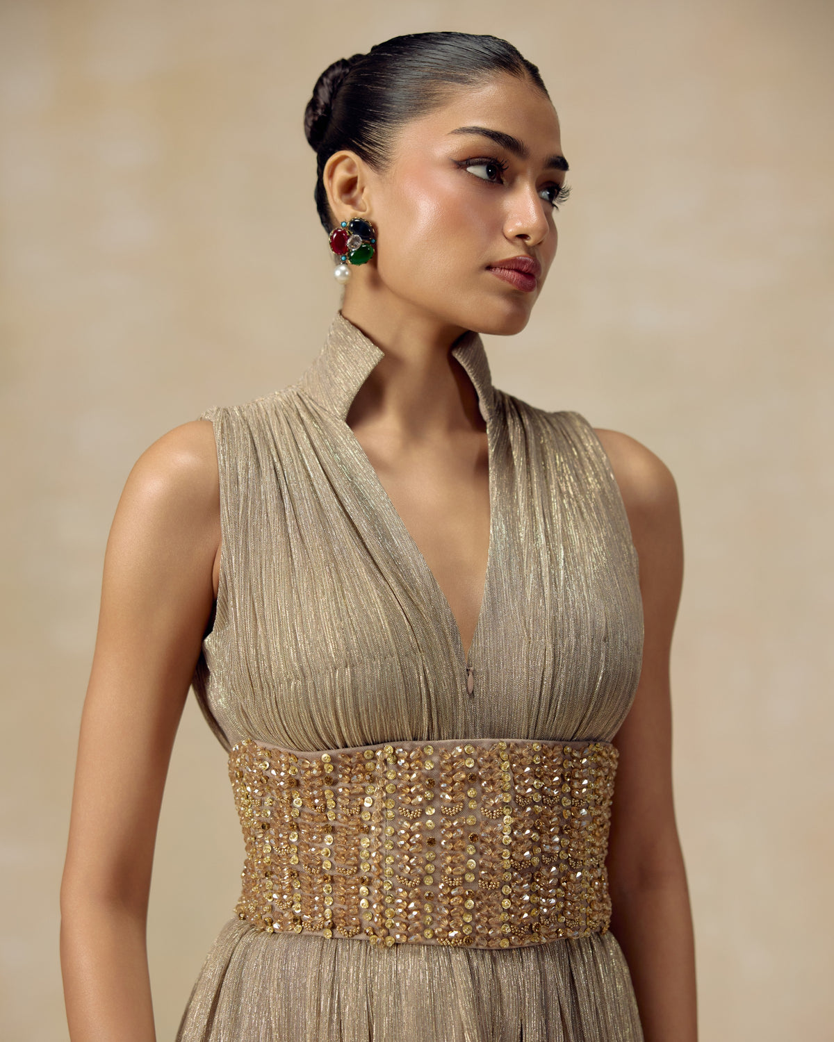 Gold Shimmer High-Neck Jumpsuit, back view — RINESSA