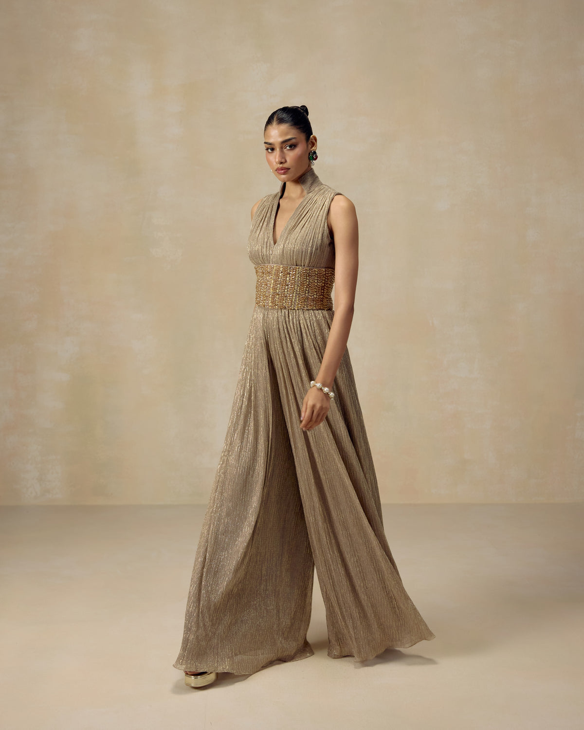 Gold Shimmer High-Neck Jumpsuit, side view — RINESSA