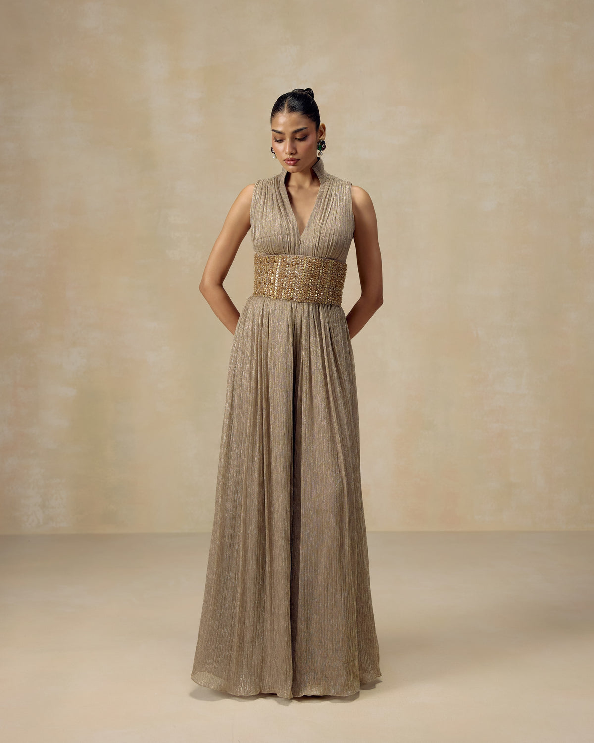 Gold Shimmer High-Neck Jumpsuit, editorial image — RINESSA