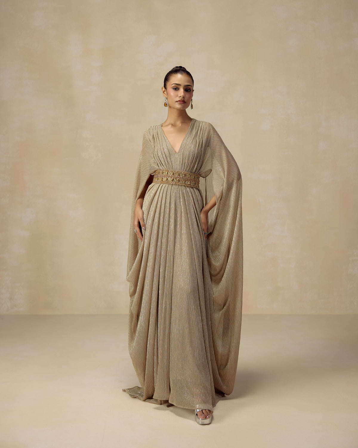 Gold shimmer kaftan gown with hand-worked crystal belt — RINESSA