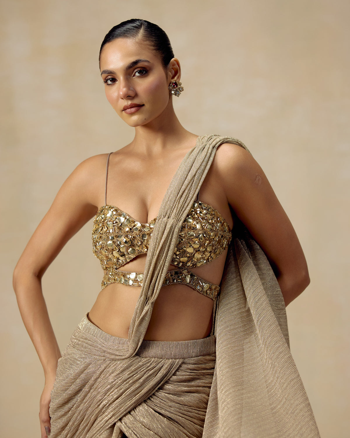 Gold Shimmer Pre-Draped Saree, back view — RINESSA