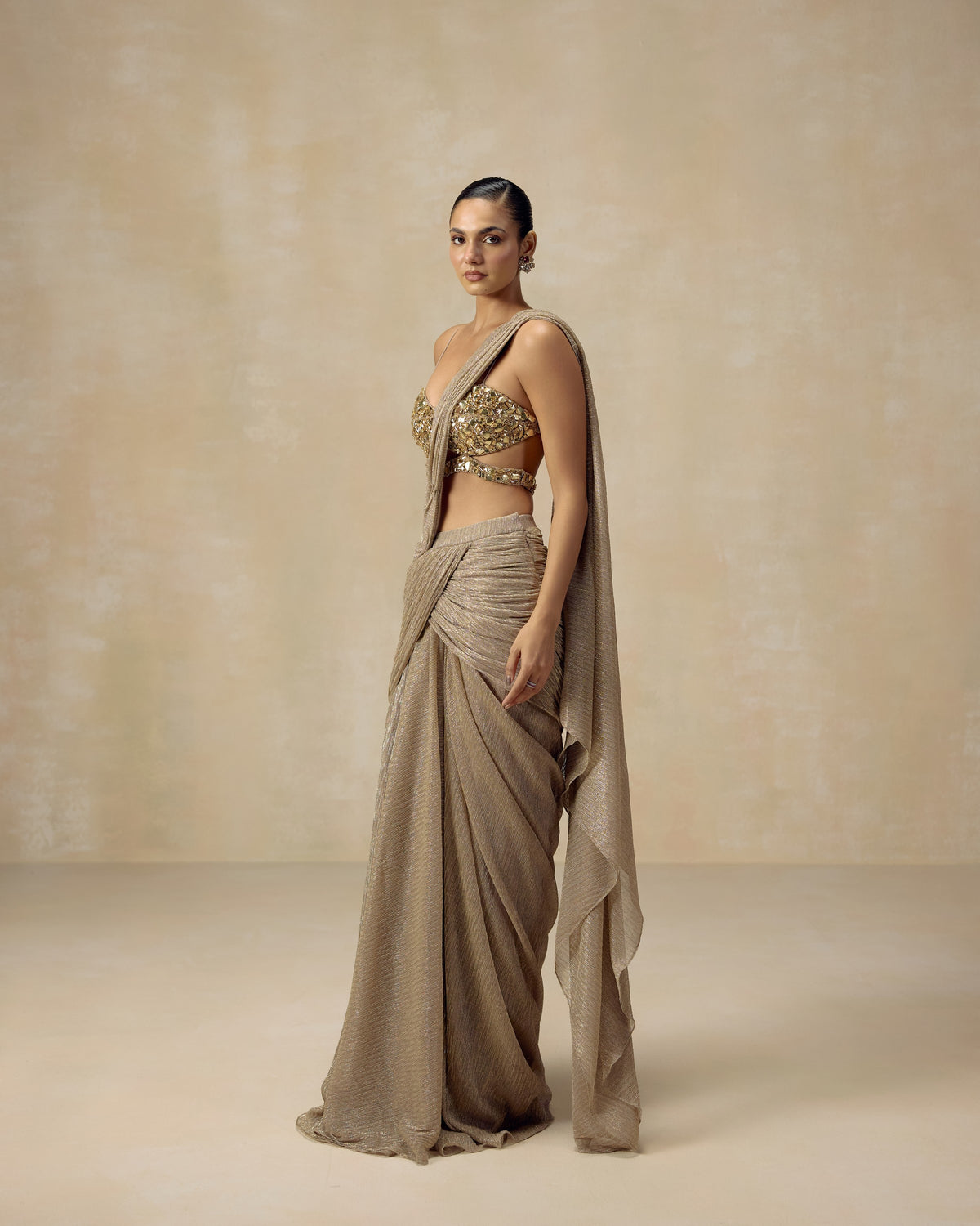 Gold Shimmer Pre-Draped Saree, side view — RINESSA