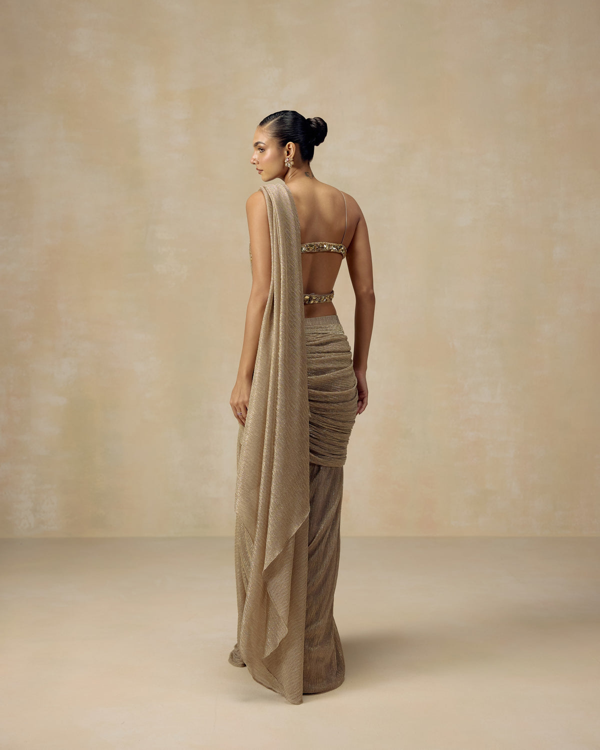 Gold Shimmer Pre-Draped Saree, hand embroidery detail — RINESSA