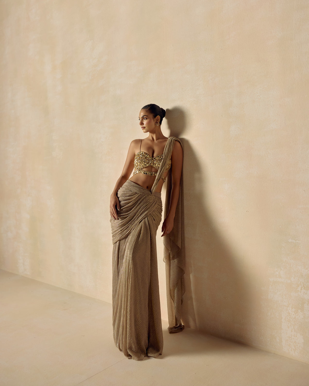 Gold Shimmer Pre-Draped Saree, editorial image — RINESSA