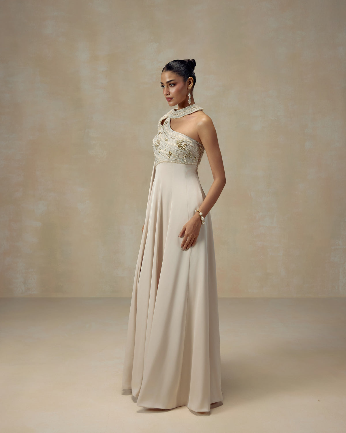 Ivory Anarkali with Cape, side view — RINESSA
