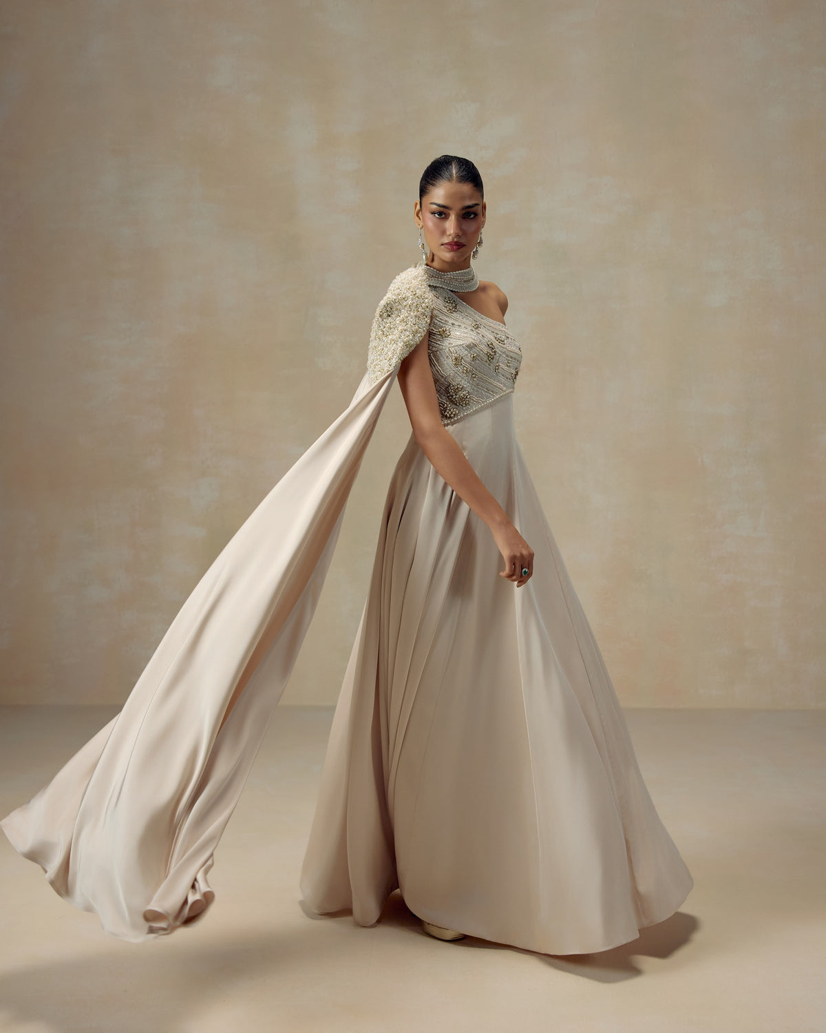 Ivory Anarkali with Cape, editorial image — RINESSA