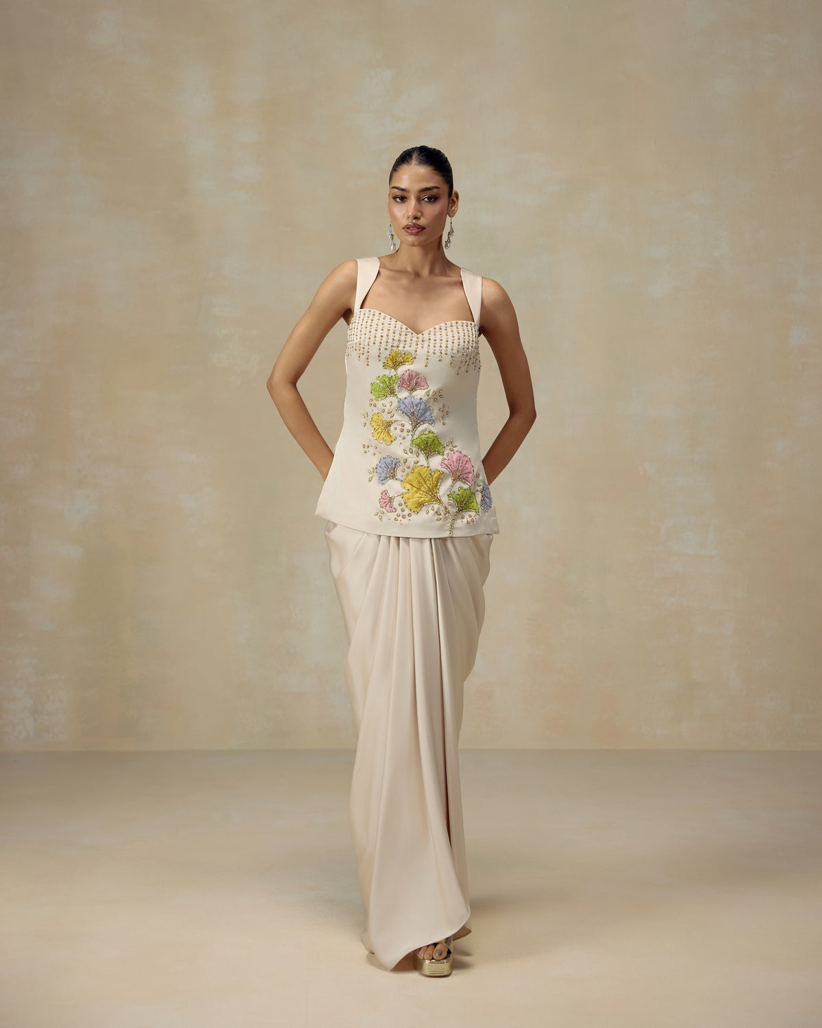 Ivory silk satin tunic and draped skirt with colourful floral appliqué, pearl and gold hand embroidery — RINESSA