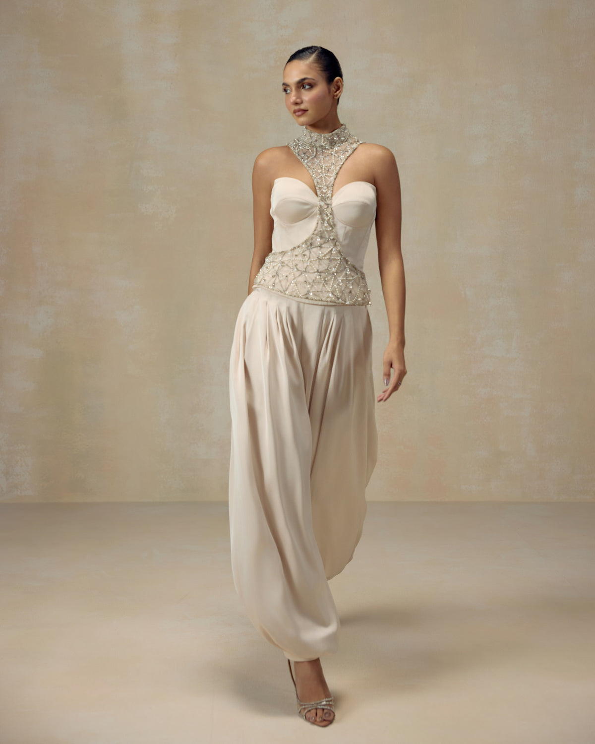 Ivory silk satin corset with pearl and crystal racerback and balloon trousers — RINESSA