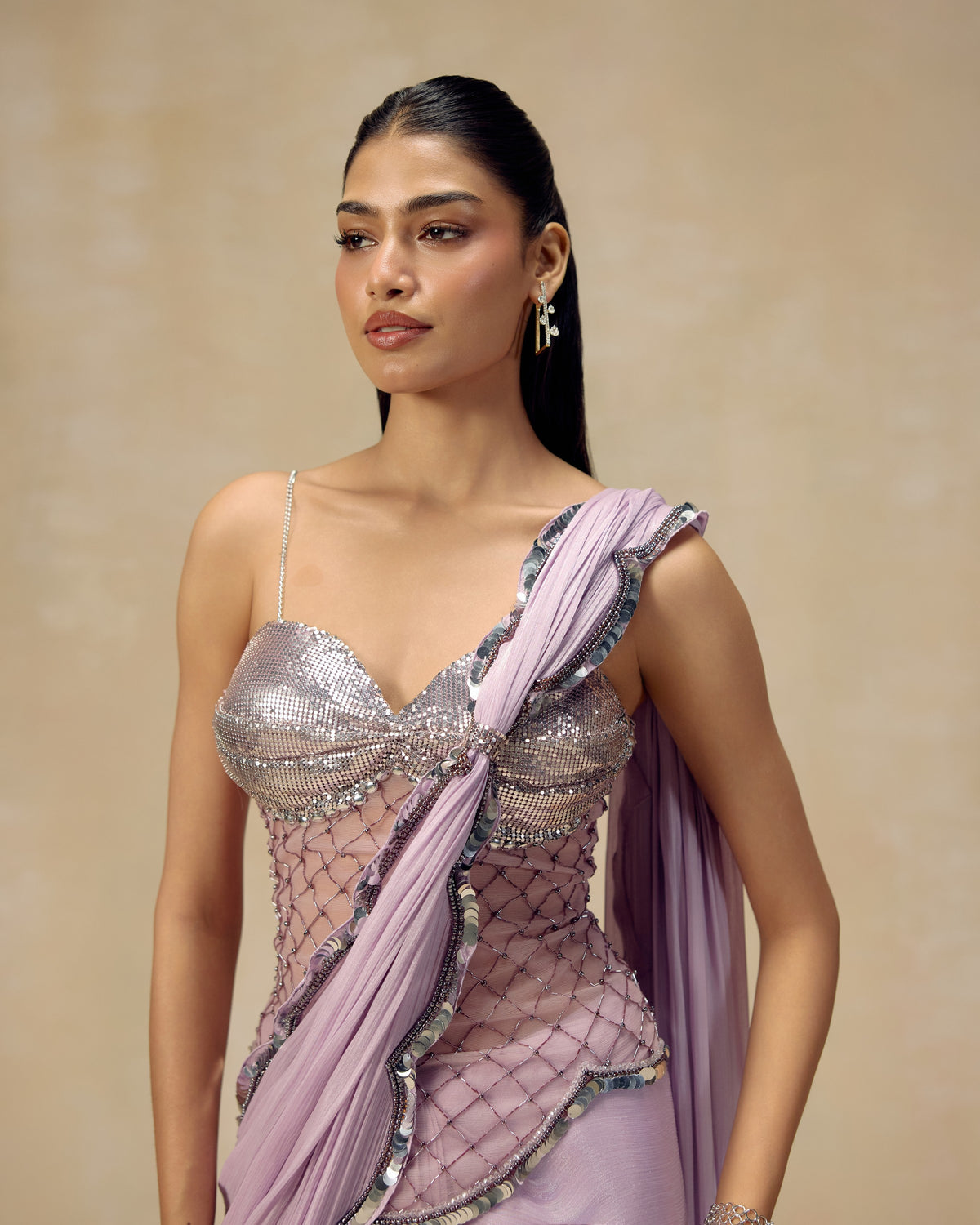 Lilac Shimmer Pre-Draped Saree, back view — RINESSA