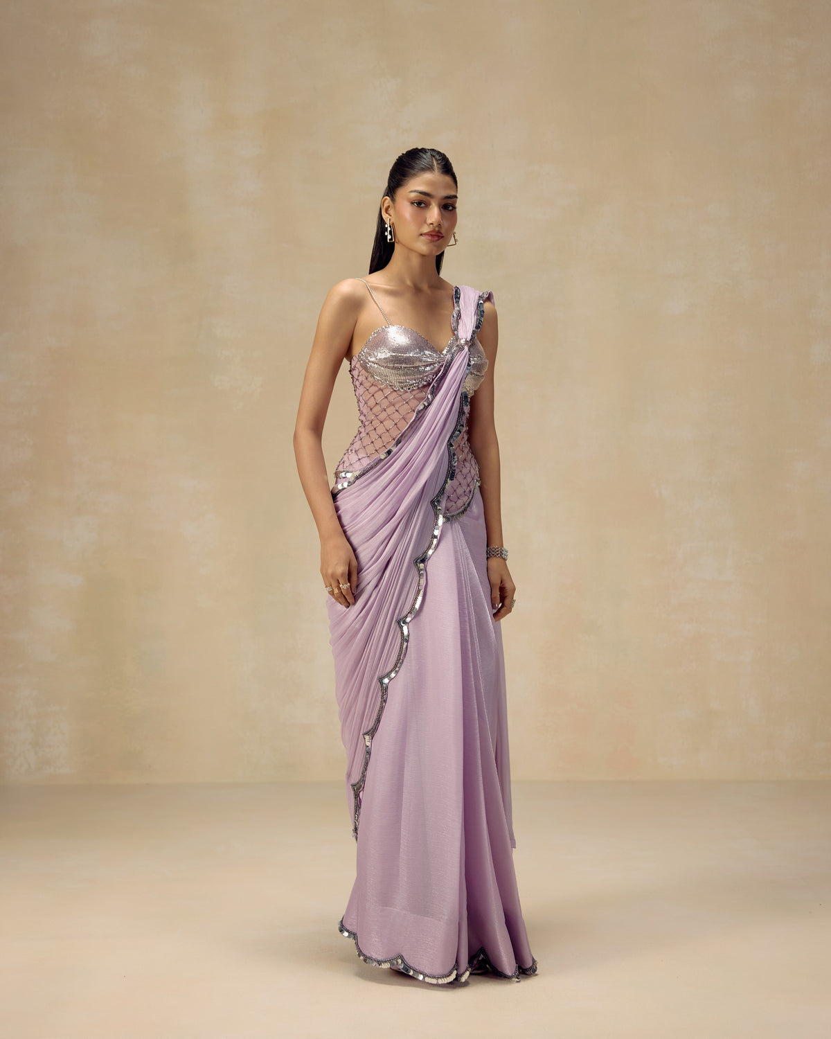 Lilac Shimmer Pre-Draped Saree, editorial image — RINESSA