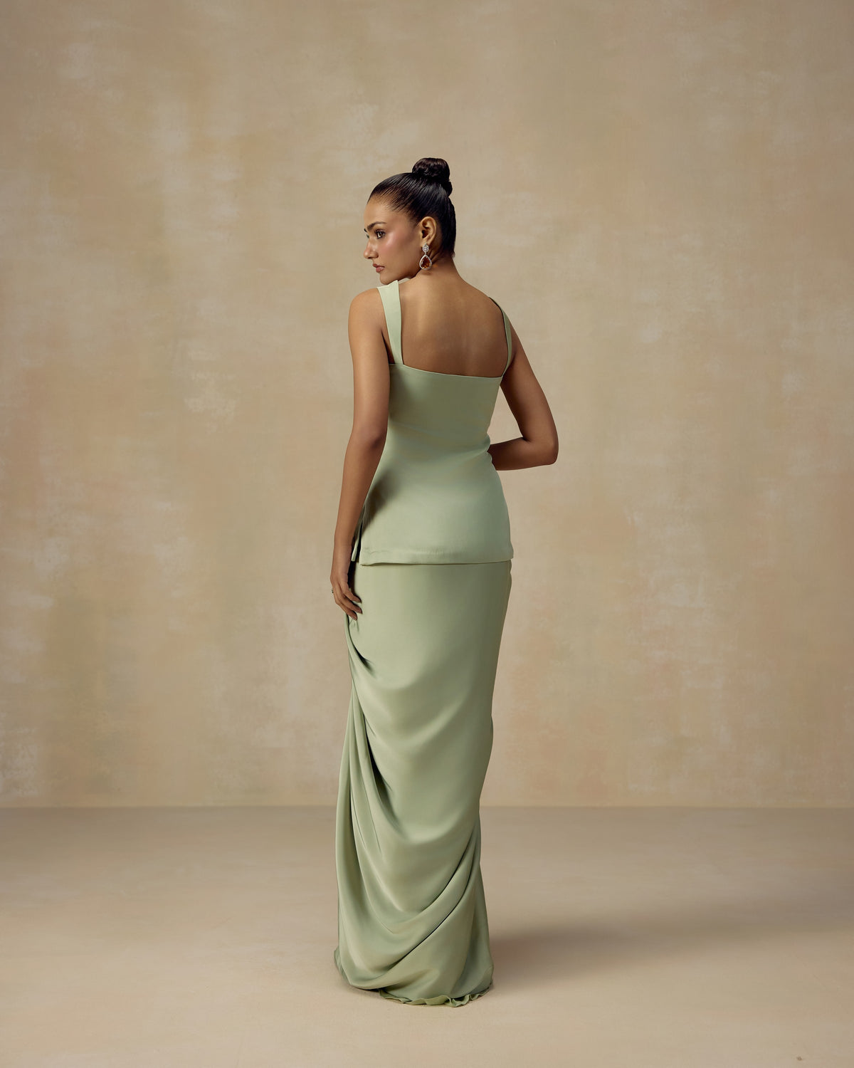 Mint Floral Tunic and Draped Skirt, side view — RINESSA