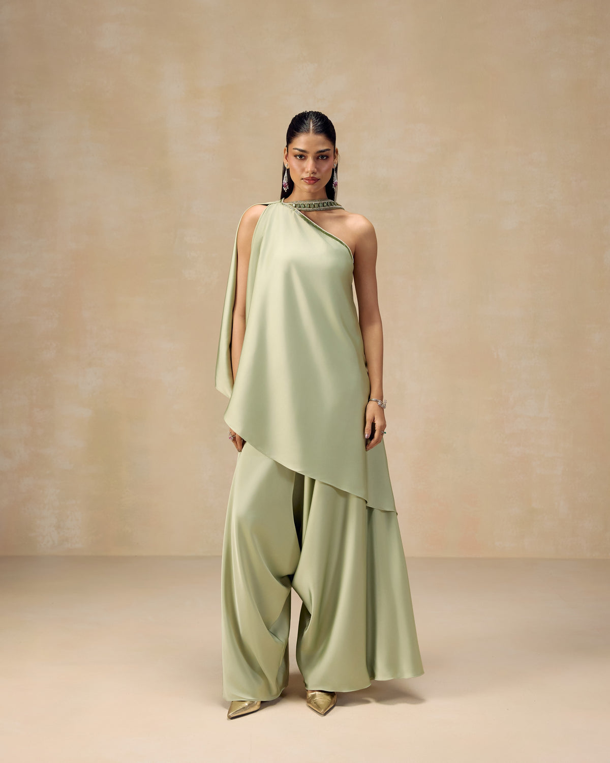 Mint one-shoulder silk satin tunic top with bustier, draped trousers and hand-embroidered stone neckline — RINESSA