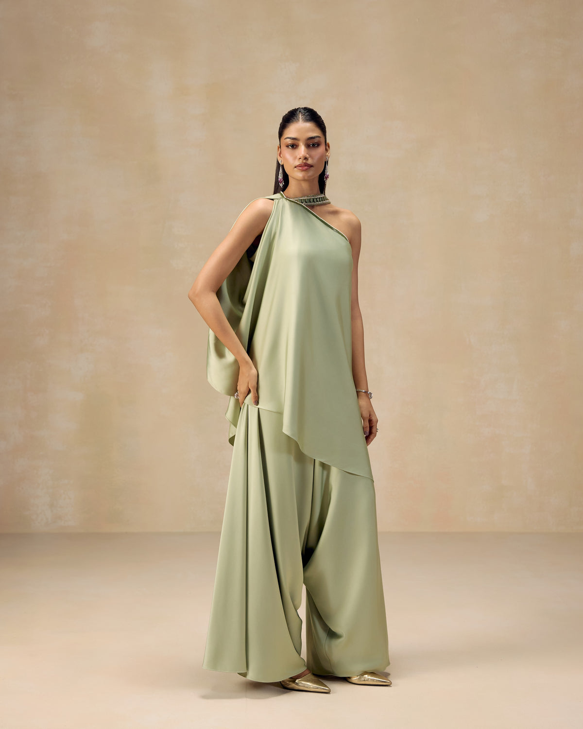 Mint One-Shoulder Draped Tunic, hand embroidery detail — RINESSA