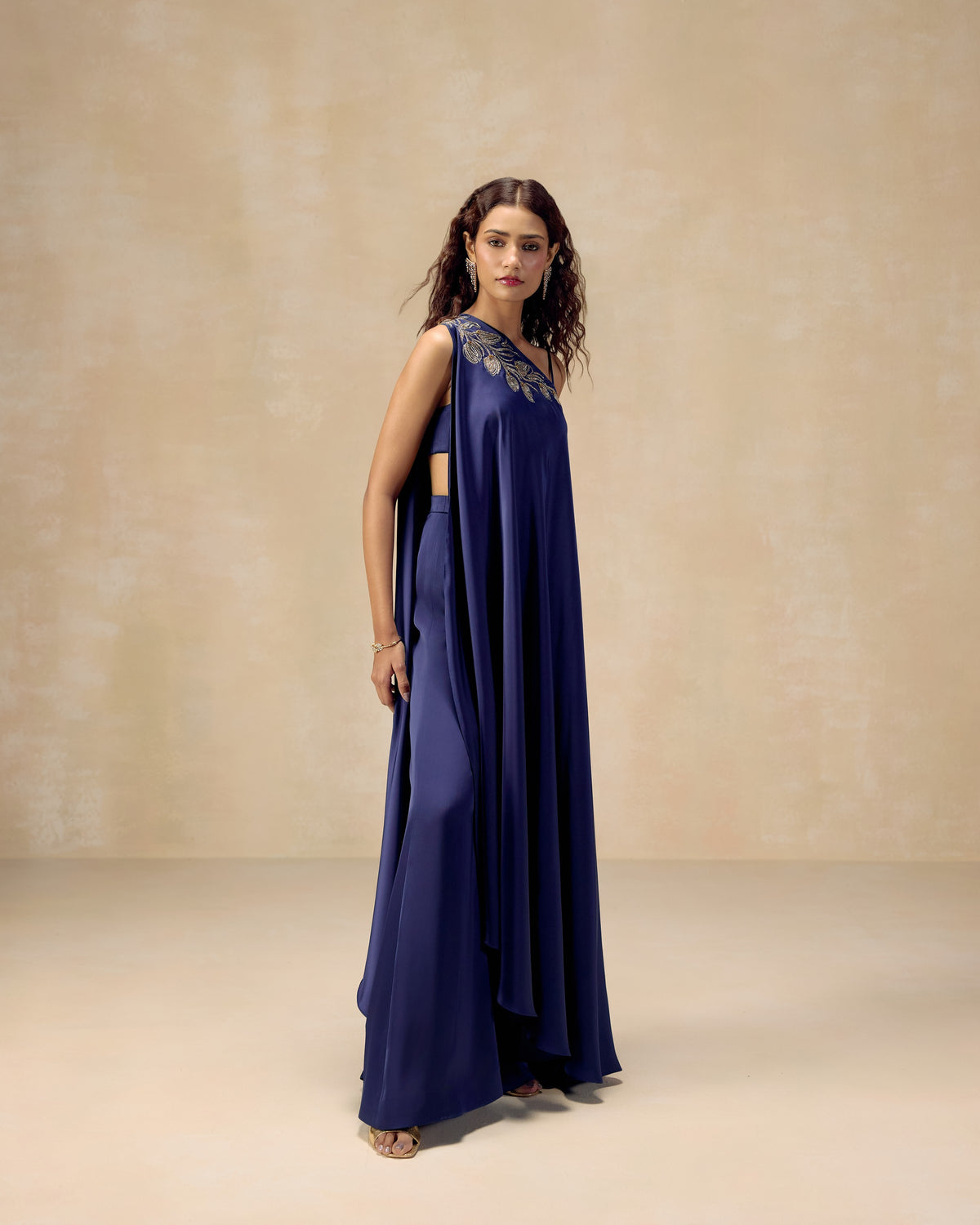 Navy One-Shoulder Sharara Set, back view — RINESSA