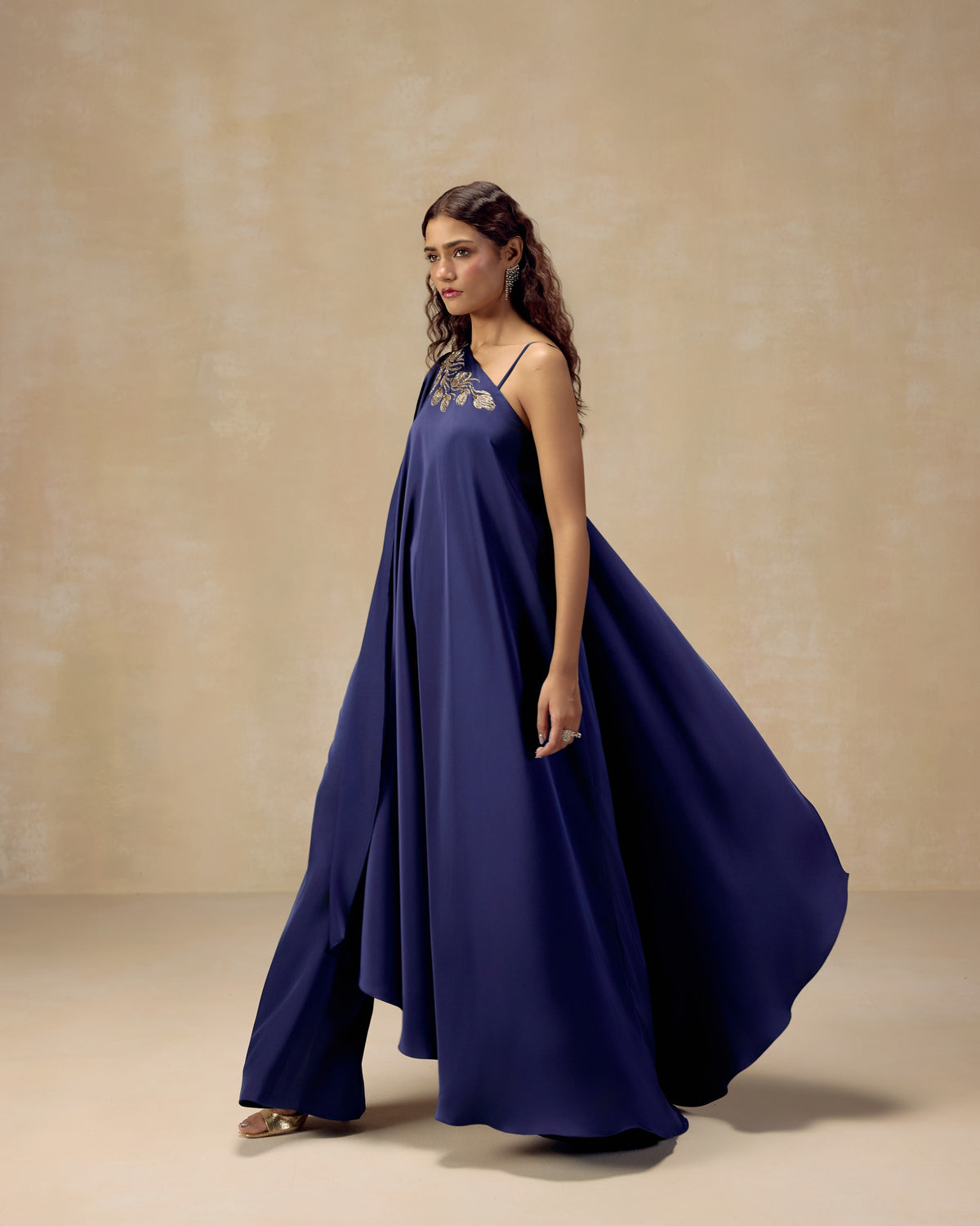 Navy One-Shoulder Sharara Set, editorial image — RINESSA