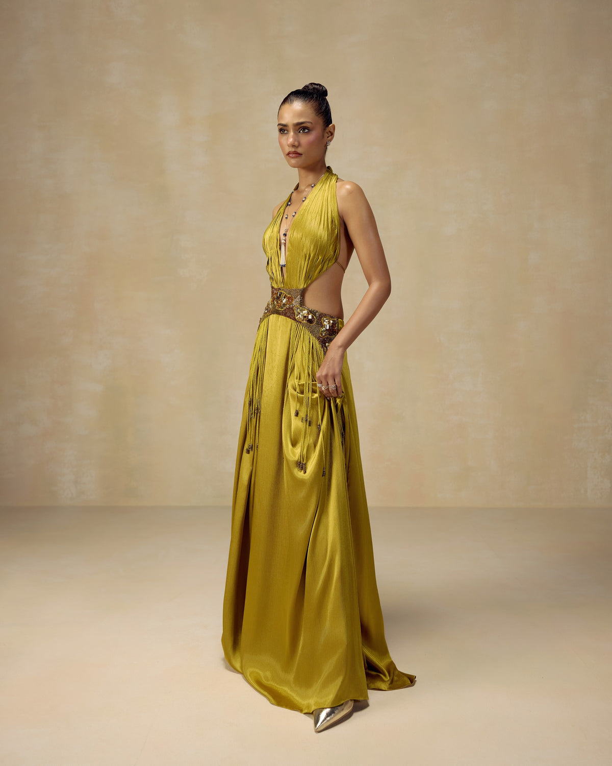 Olive Open-Back Halter Gown, side view — RINESSA