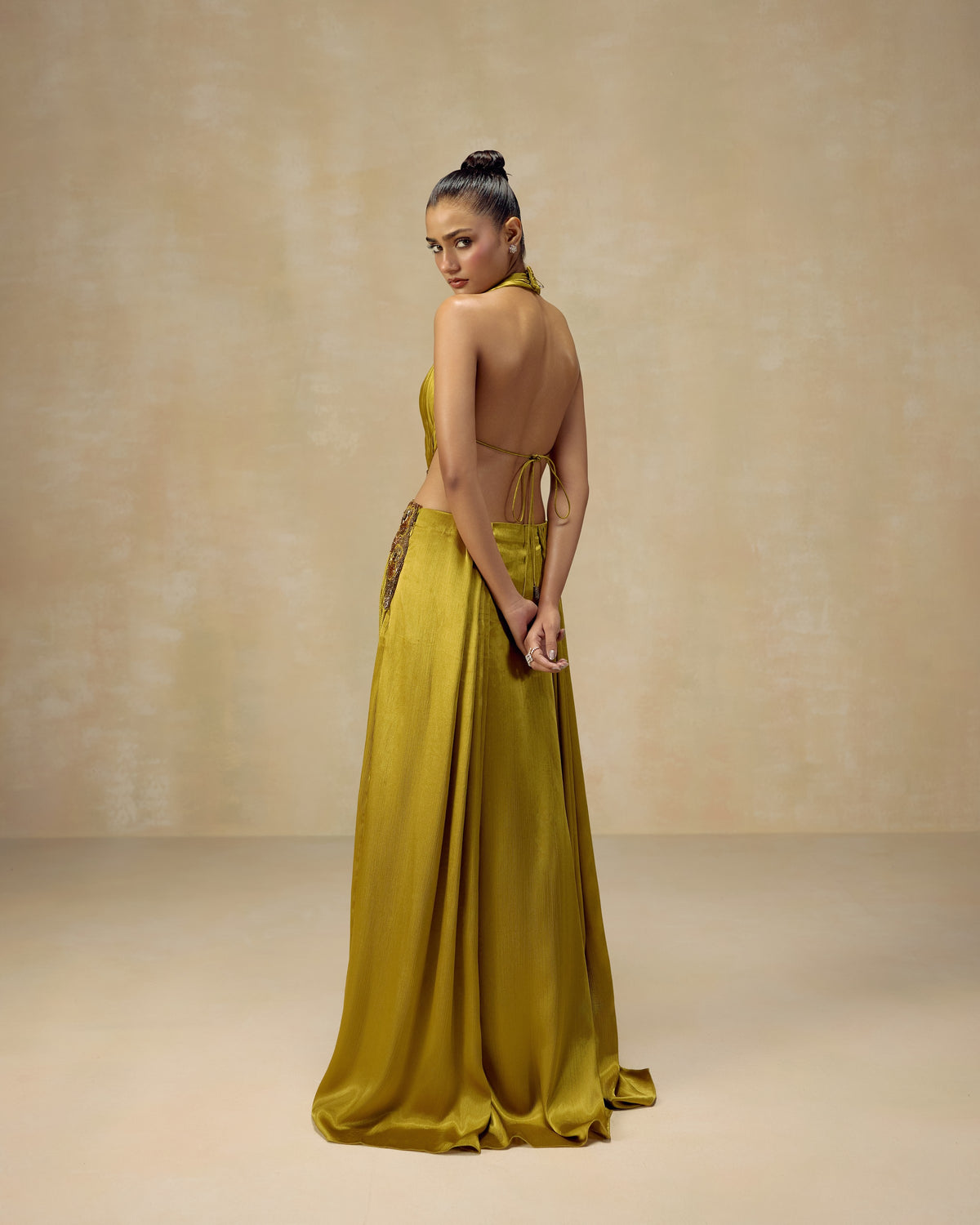 Olive Open-Back Halter Gown, hand embroidery detail — RINESSA