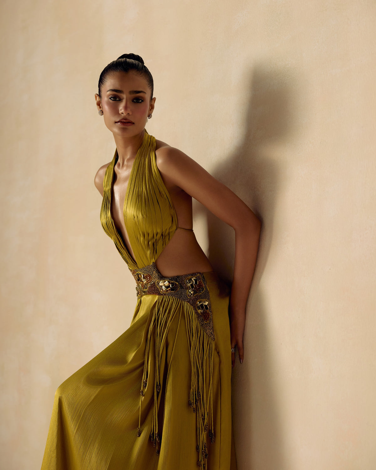 Olive Open-Back Halter Gown, editorial image — RINESSA