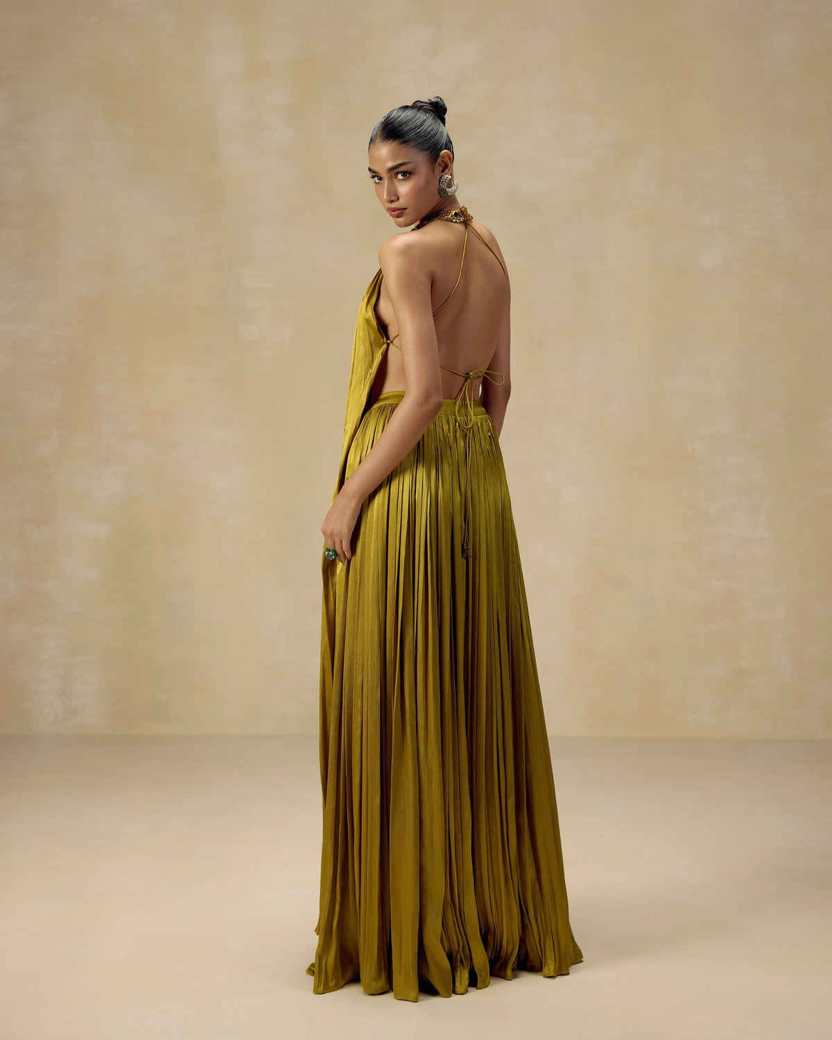 Olive Ruched Halter Tunic, side view — RINESSA