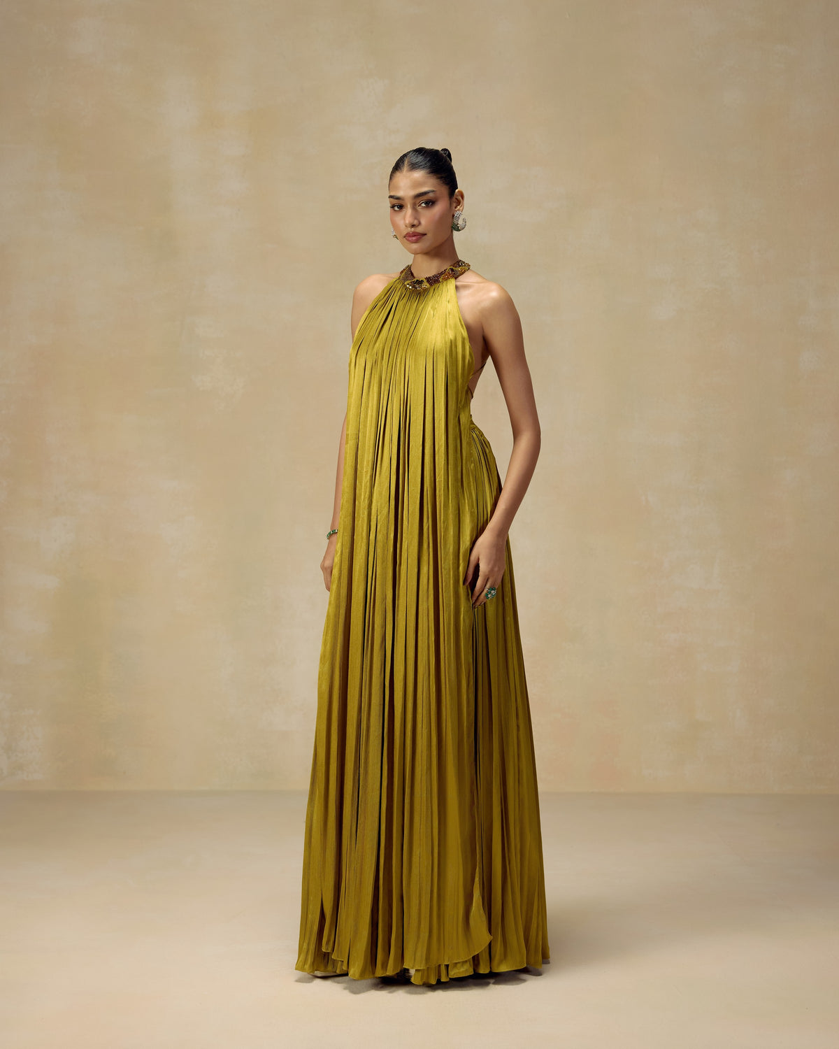 Olive Ruched Halter Tunic, hand embroidery detail — RINESSA